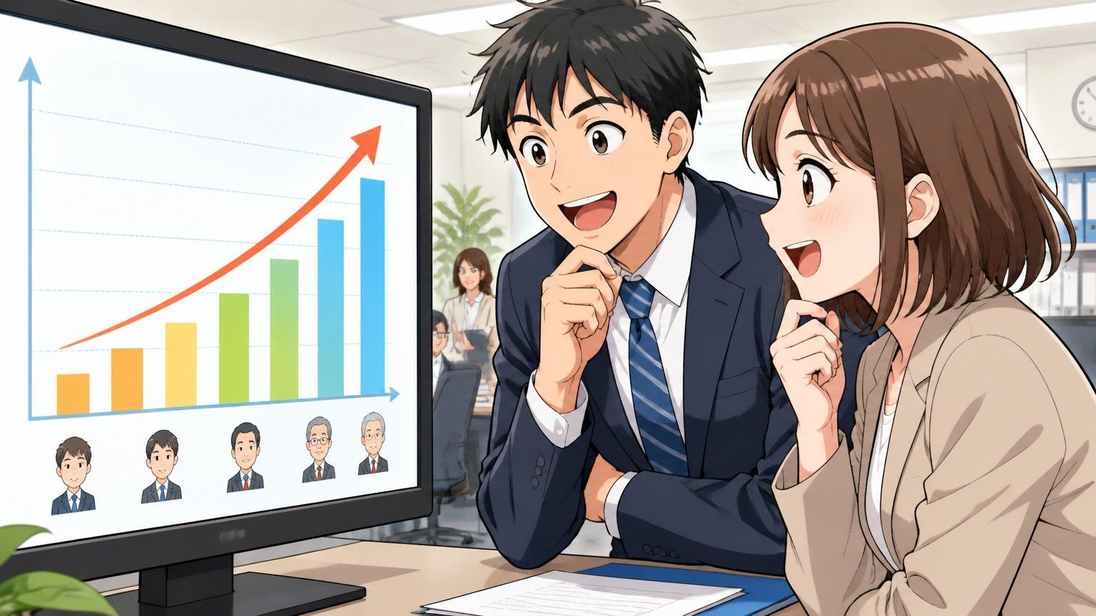 順調昇進の年収カーブ。企業オフィスで年代別の年収グラフを見て将来を考える男女2人