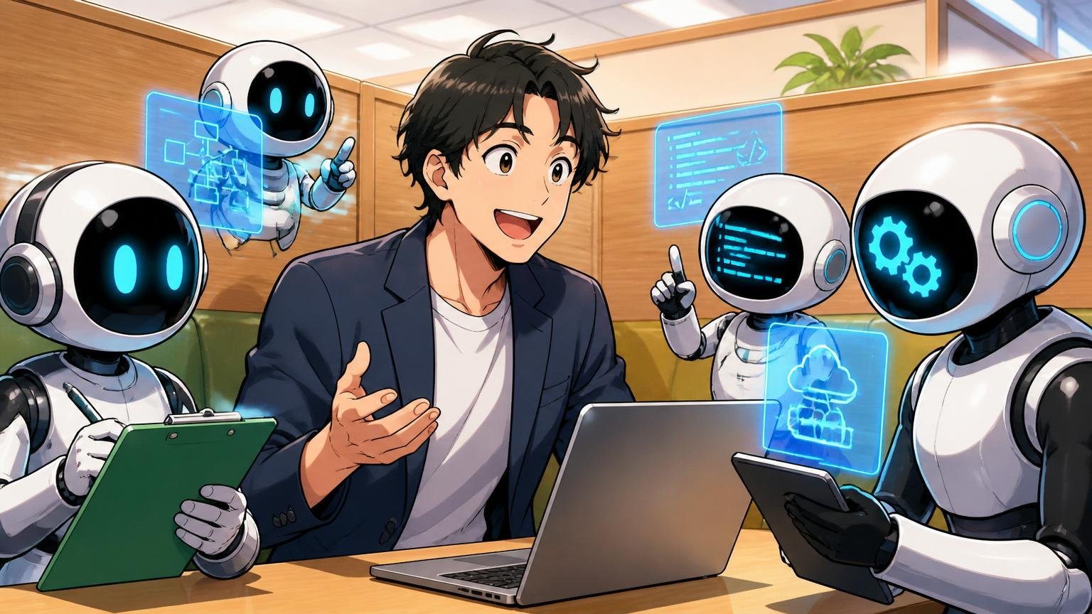IT特化型エージェントを複数使う。面談ブースでエージェントと笑顔で相談する30代男性エンジニア