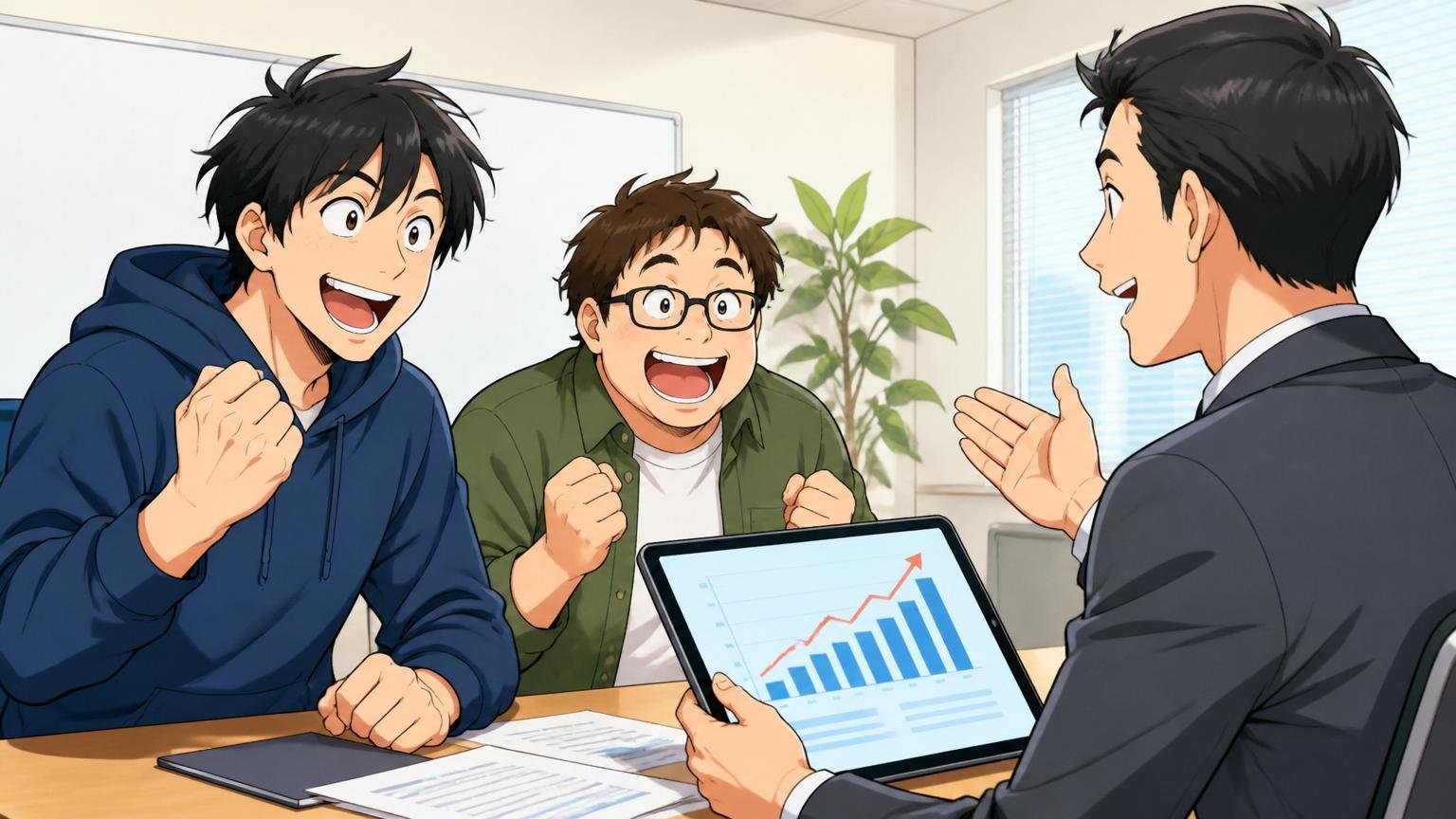 企業の会議室でIT専門エージェントの担当者から想定年収を提示され前向きになるエンジニア2人