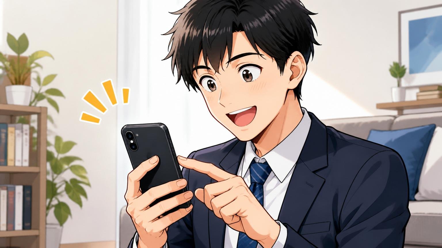 まずは情報収集だけでいい・リスクのない第一歩。スマホで無料相談に登録し前向きな表情の男性会社員1人