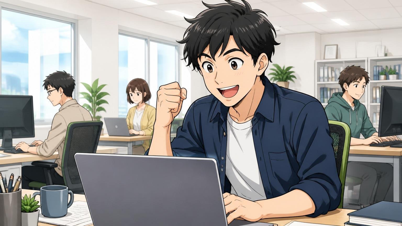 年収アップに強い経験者向けIT特化型エージェント。明るいオフィスで男性エンジニアが前向きな表情でPCを開く
