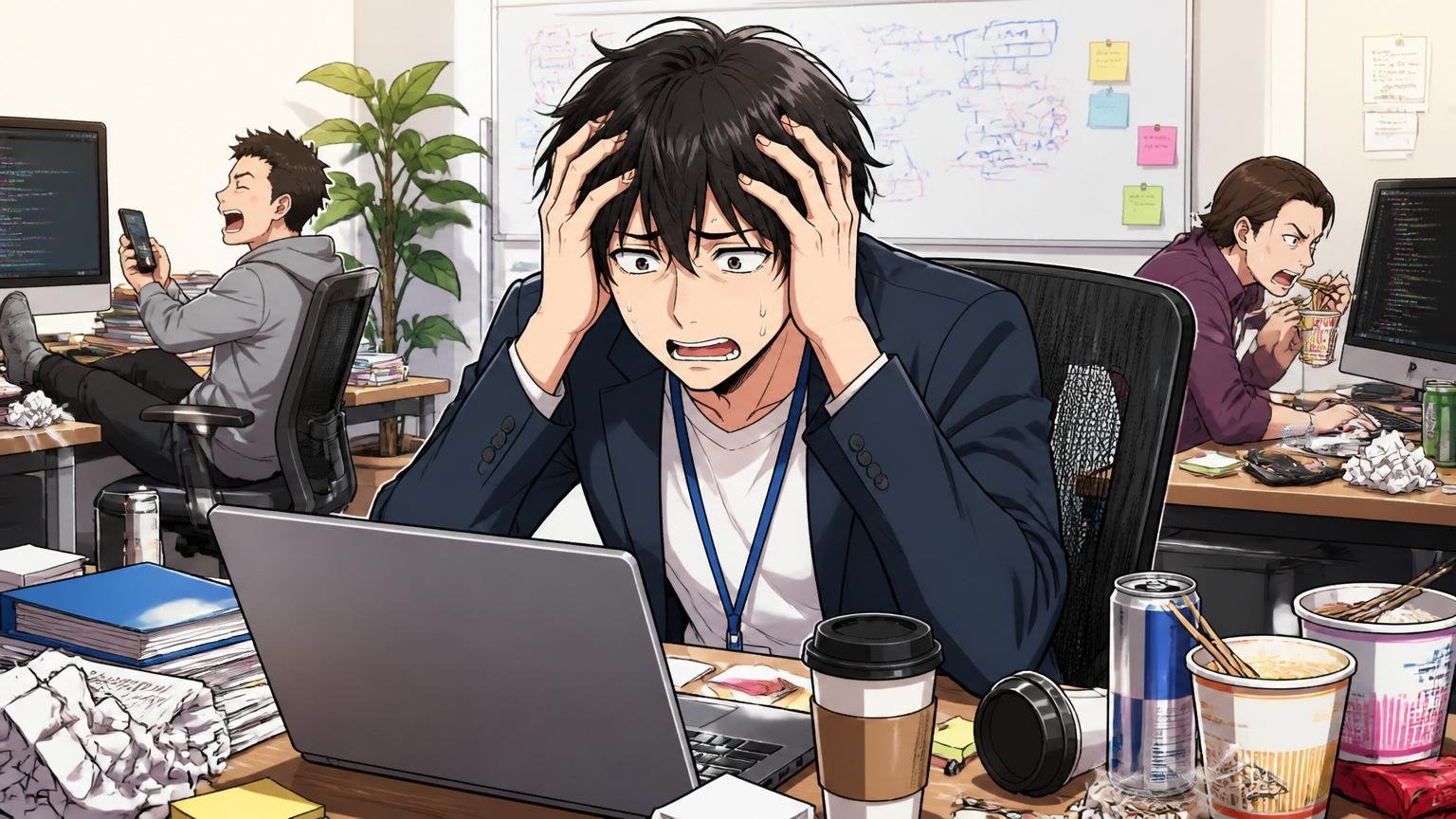 年収の額面だけ見て会社の中身を確認しない失敗 Web系スタートアップのオフィスで 30代男性が1人 入社後に想像と違う環境に気づき頭を抱える