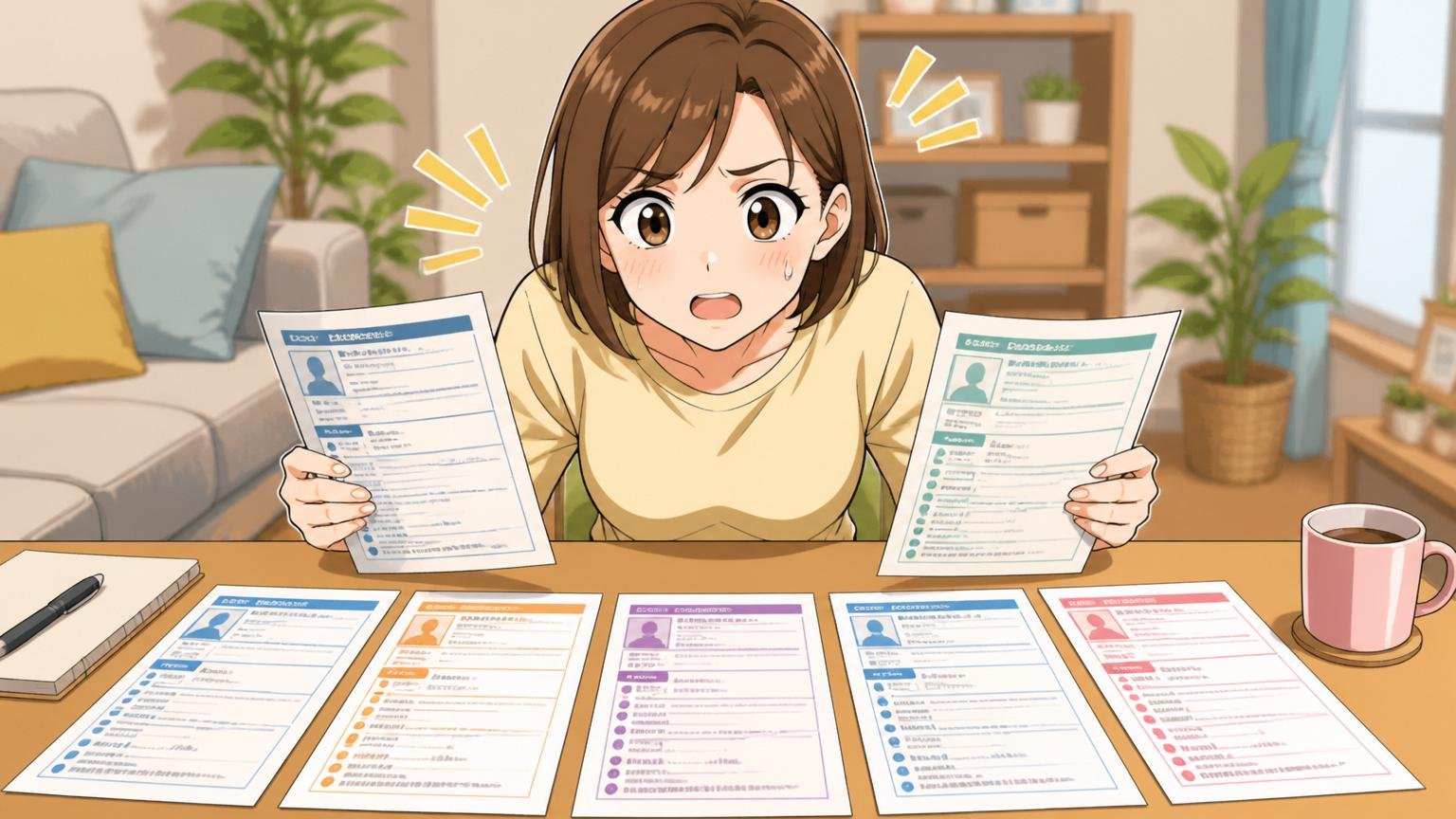 ステップ3複数のIT特化型エージェントを比較する。自宅で30代女性が複数の求人票を机に並べて見比べる