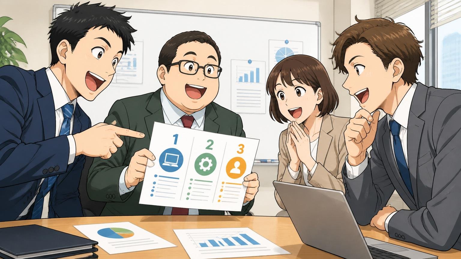 おすすめIT特化型エージェント3選を紹介する場面、企業の会議室、複数のビジネスパーソンが資料を見て笑顔で話す