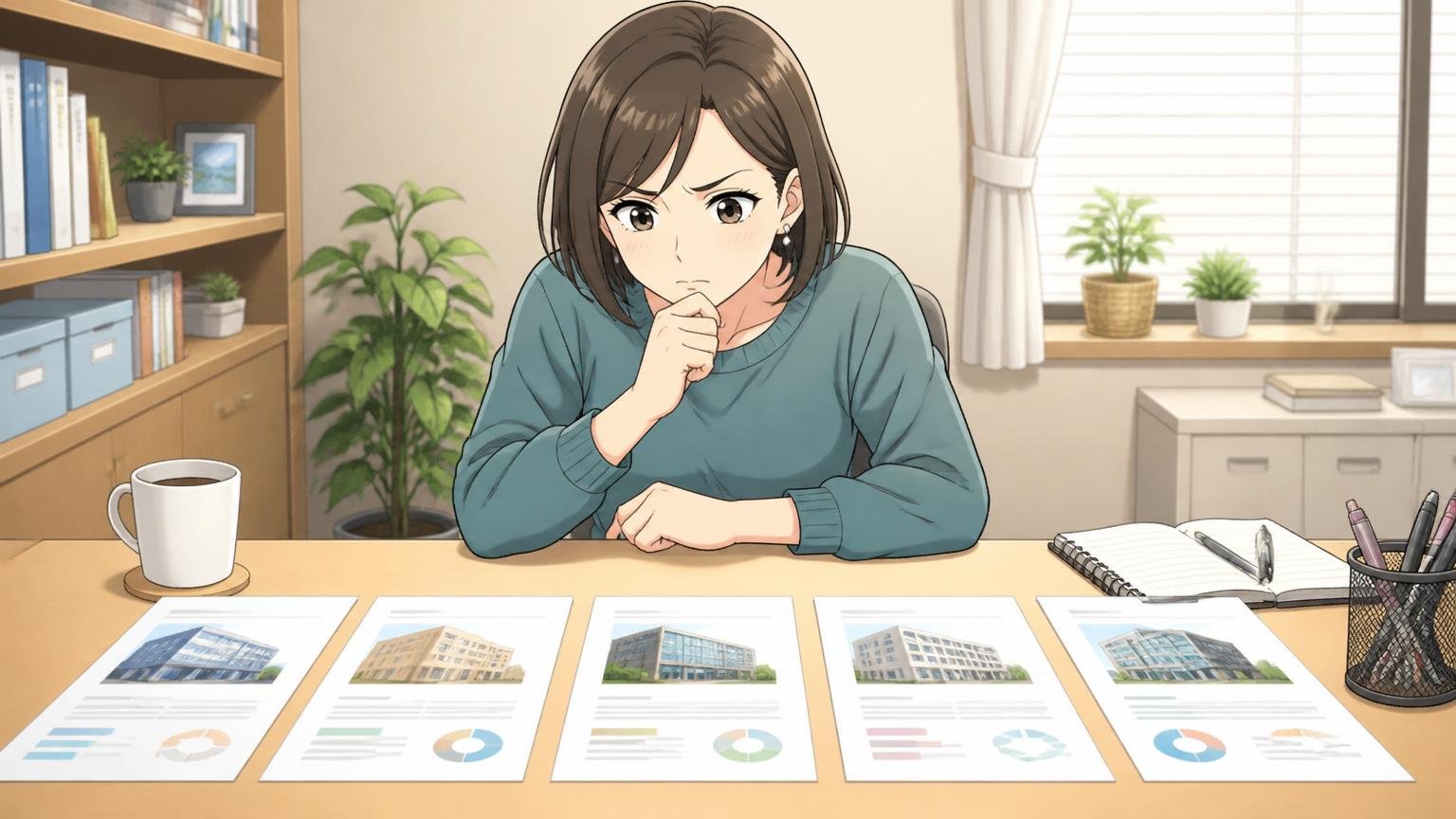 机に5枚の候補企業の資料を並べて応募先を絞り込む場面。自宅のデスクで30代女性が5枚の紙を真剣に見比べて選別する。1人のシーン
