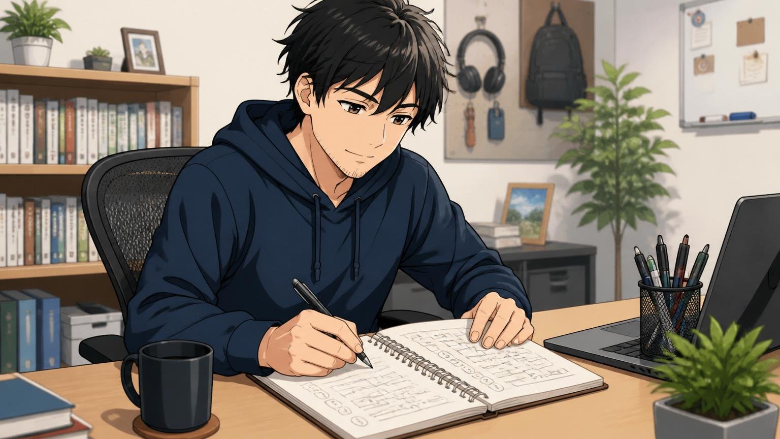 自宅のデスクで30代男性エンジニアが転職活動の手順を手書きノートに整理し落ち着いた表情を見せる場面
