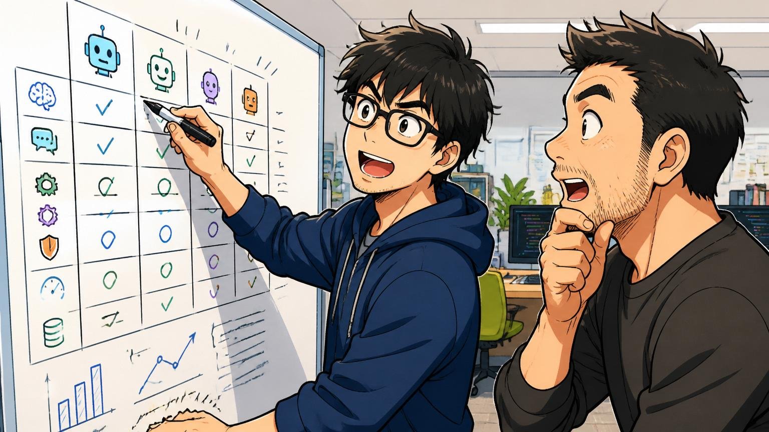 Web系オフィスでエージェント比較表をホワイトボードに書き出す30代エンジニア1人と先輩エンジニア1人