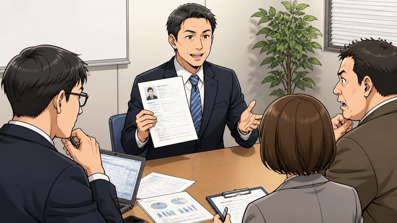 企業の会議室で面接の場面、40代男性が経歴書を手にプレゼンする落ち着いたシーン