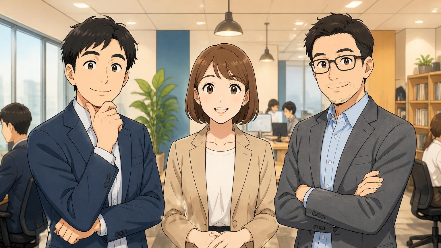 経験者向けIT専門転職エージェントおすすめランキングTOP3。エージェントのオフィスで3人のキャリアアドバイザーが並び穏やかな表情