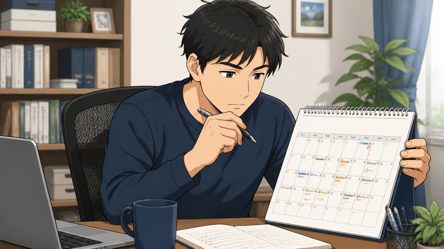 自宅のデスクで20代後半の男性エンジニア1人がカレンダーで3週間先の予定を確認する場面。落ち着いて期限を設定する表情