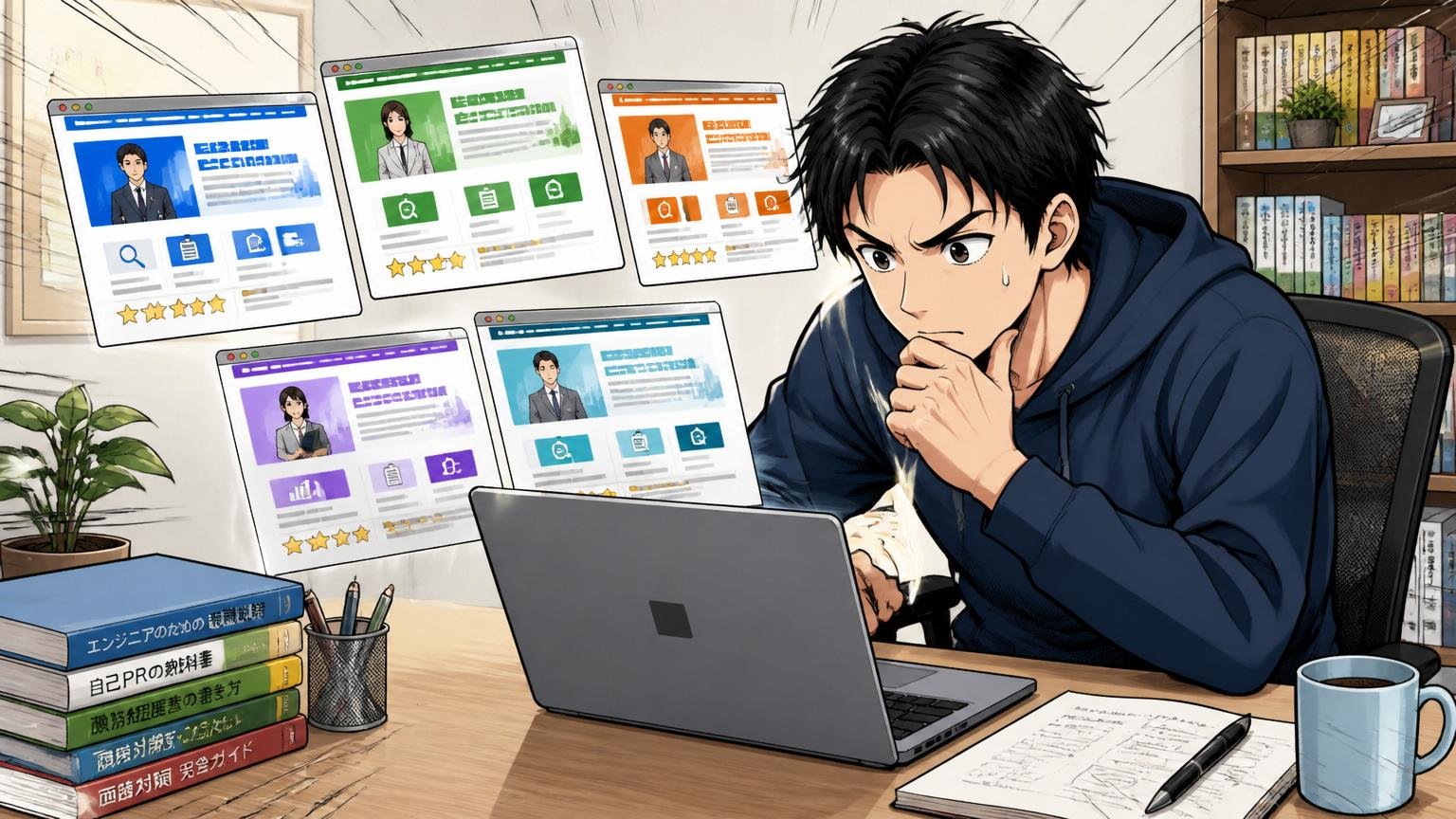 自宅でノートPC前に複数のエージェントサイトを開いて比較するエンジニア、選択を吟味する転職活動者、1人