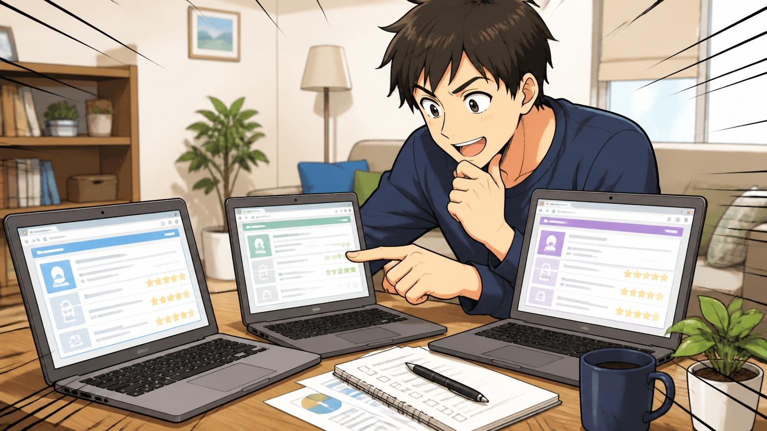 IT特化型エージェントを比較して登録先を選ぶエンジニア、自宅のリビングで複数サービスを比べる30代男性1人