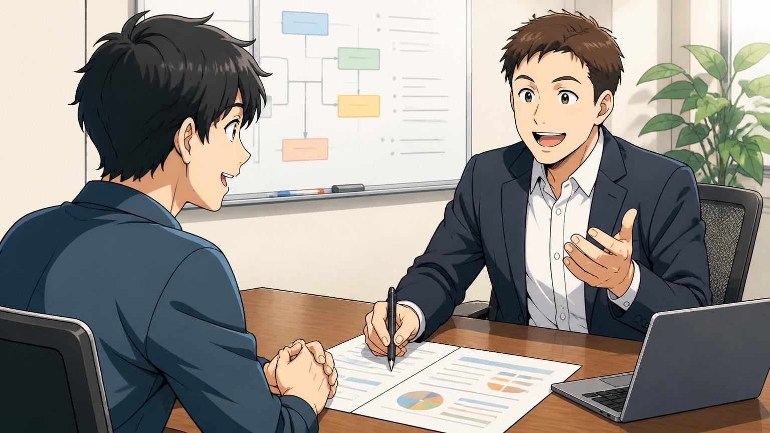 経験者向けIT特化型エージェントの無料相談で次の一歩を整理する。企業の会議室で面談、キャリアアドバイザーとエンジニア1人が向き合い、安心した表情