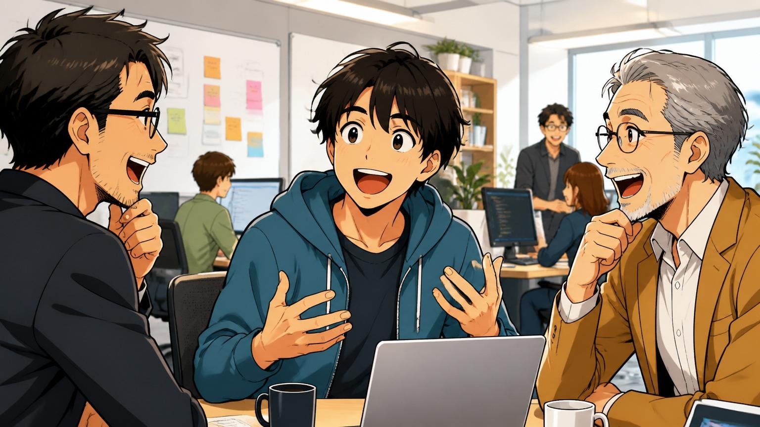 Web系スタートアップのオフィスで30代男性エンジニアがアドバイザー2人と笑顔で談笑する、希望に満ちた前向きな表情