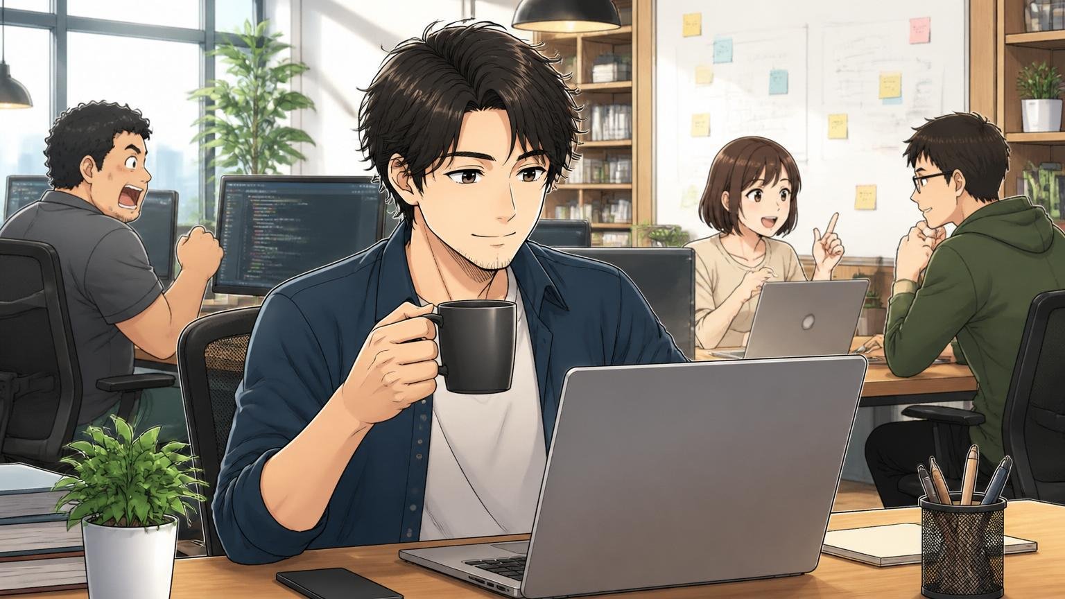 Web系スタートアップのオフィスで30代エンジニアが穏やかな表情でコーヒーを片手にPCを開く