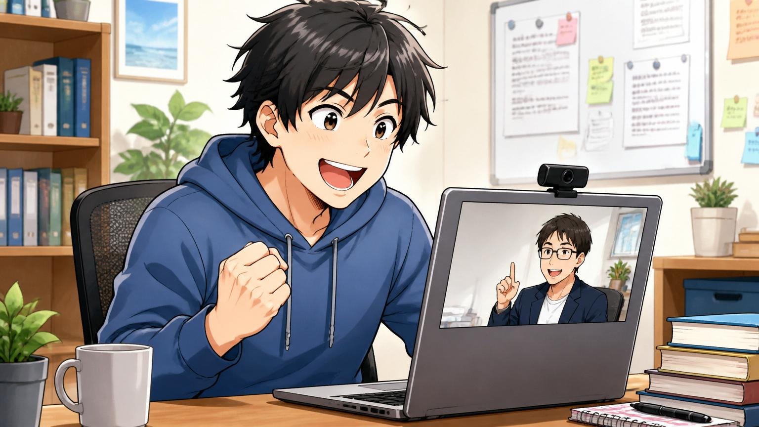 オンラインで無料相談を受けて笑顔になる30代のITエンジニア男性