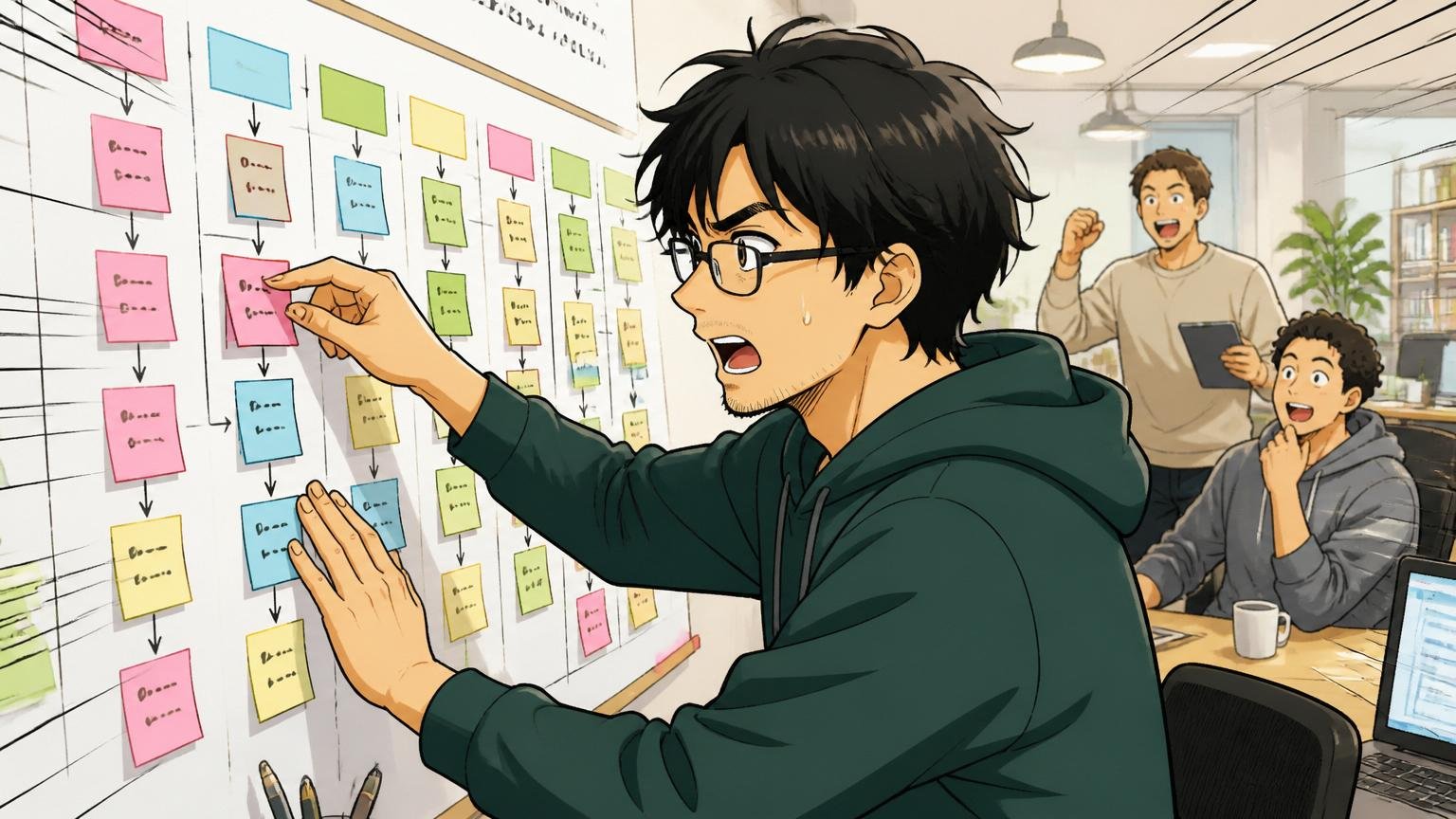 Web系スタートアップのオフィスで複数社の選考フローを書き出した付箋を壁に貼り並べて整理する30代エンジニア
