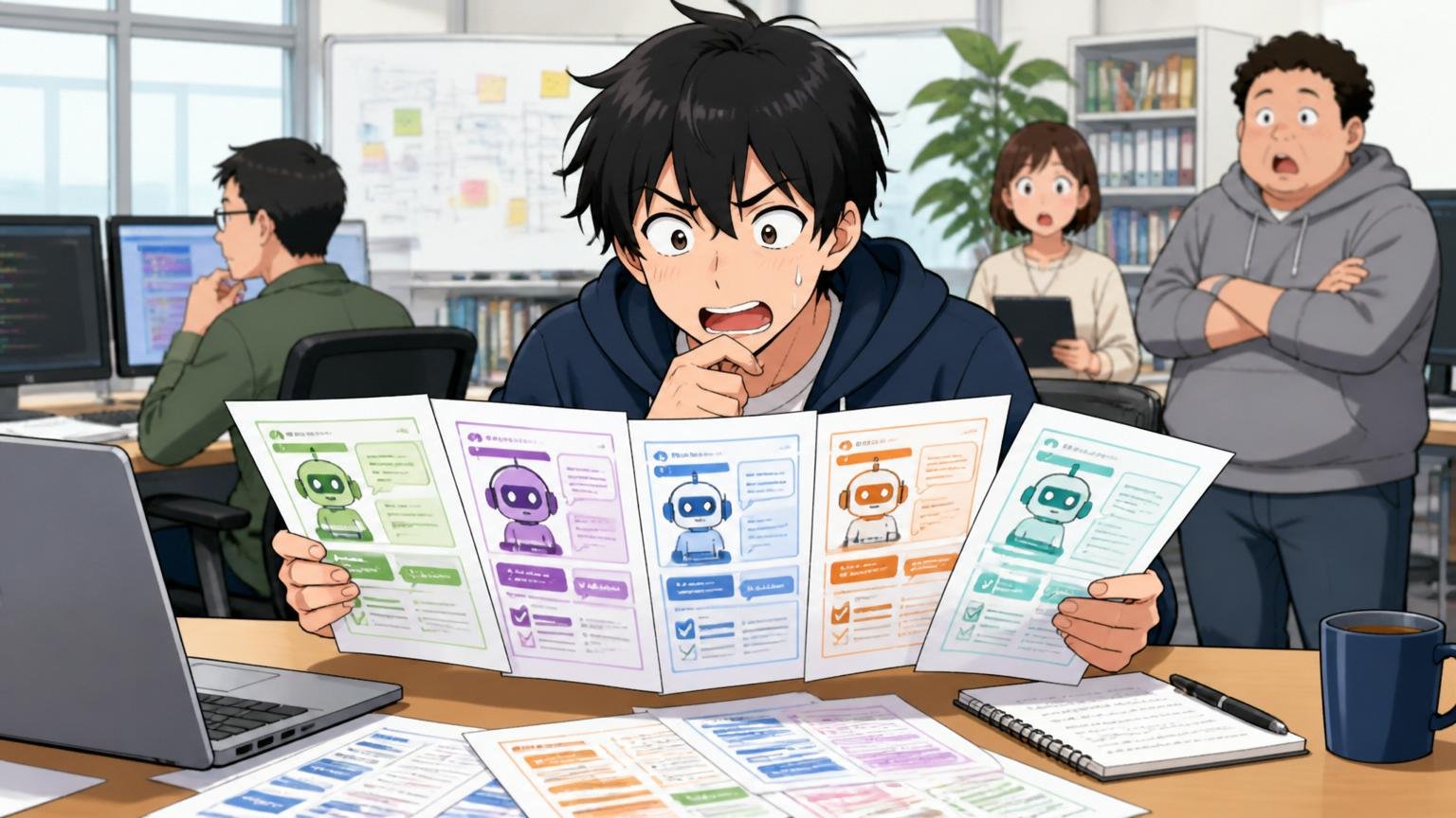 Web系スタートアップのオフィスで複数のエージェントサービス紹介資料を比較する30代男性エンジニアの場面