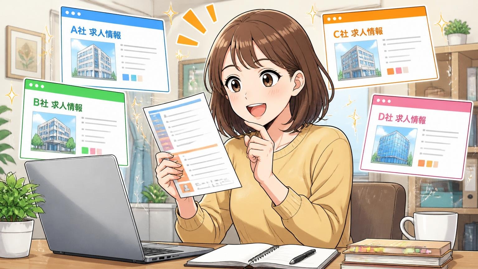 自宅のデスクで在宅勤務中の30代女性、複数社の求人情報を見比べながら笑顔で前向きに検討する姿