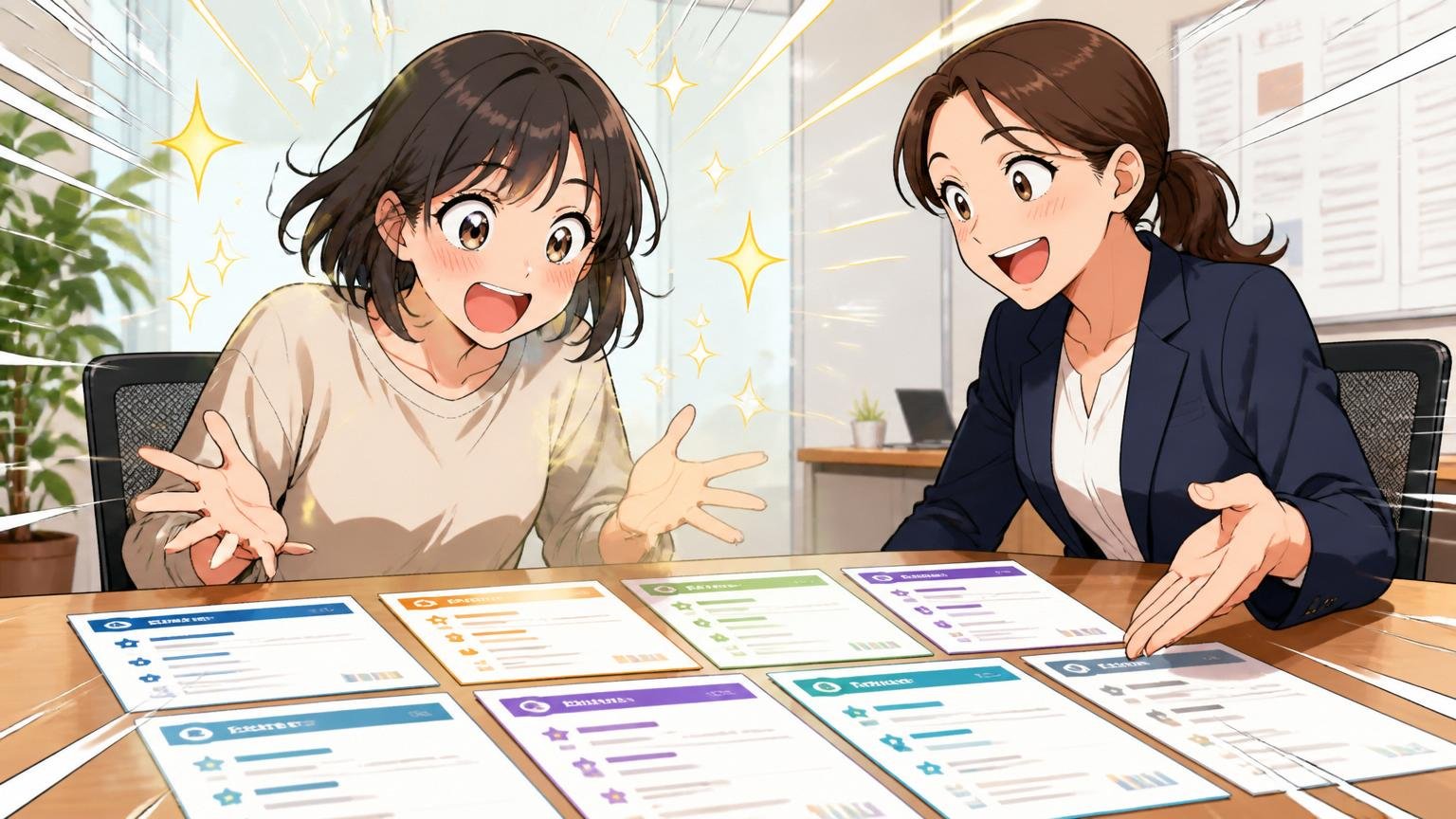 企業の会議室で複数の求人カードを並べてキャリアアドバイザーと一緒に比較する女性エンジニアのシーン。2人。視野が広がる安堵のオーバーリアクション