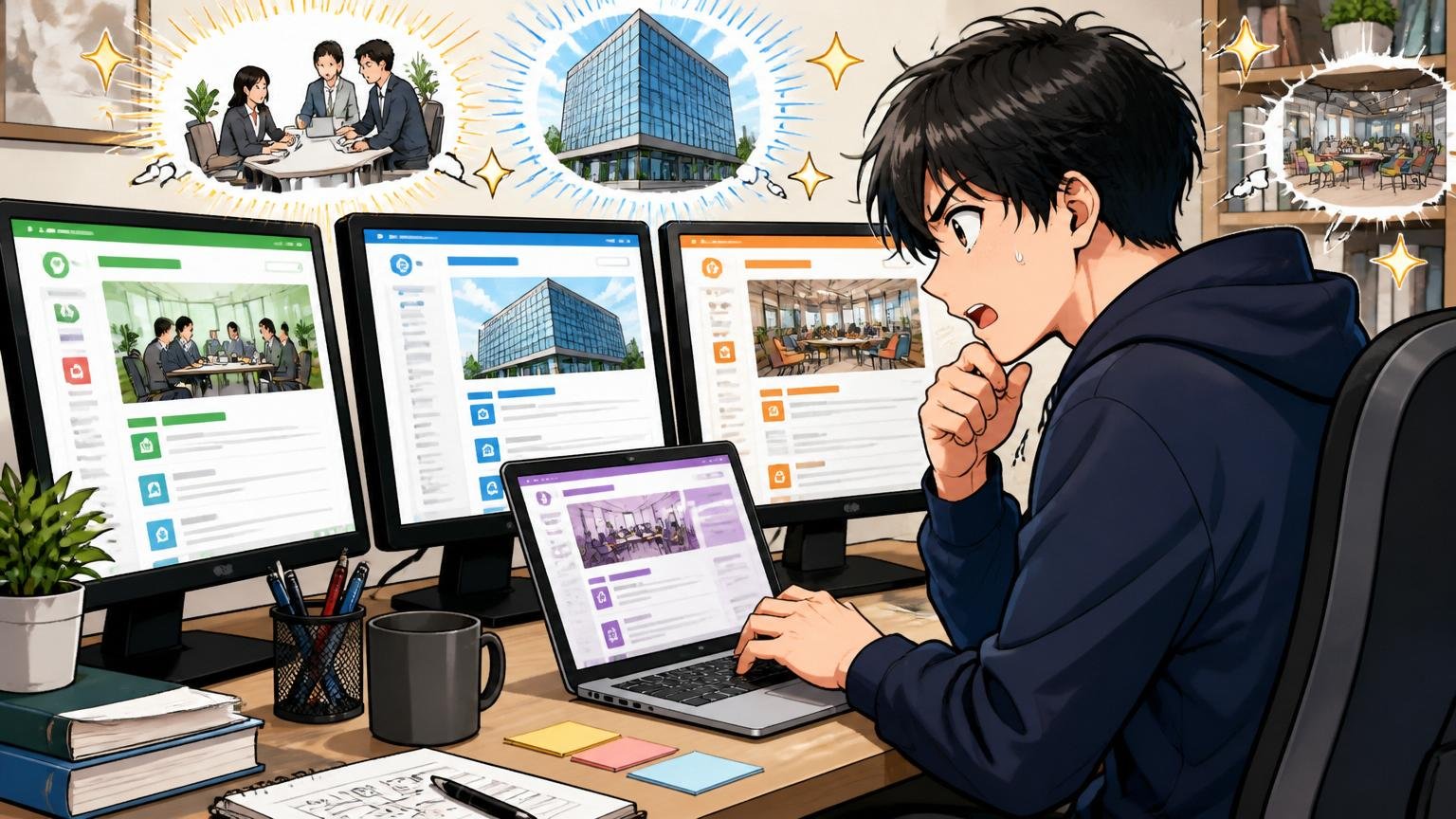 自宅のデスクで在宅勤務中の20代男性エンジニアが複数社の求人ページを並べて比較検討している