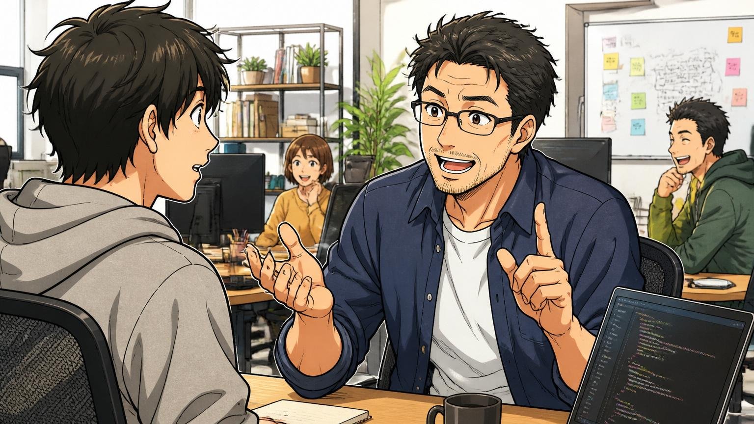 NEC1社の結果よりエンジニア人生10年20年のキャリアの方が大事。Web系スタートアップのオフィスで40代男性エンジニア1人が後輩に向き合って話している