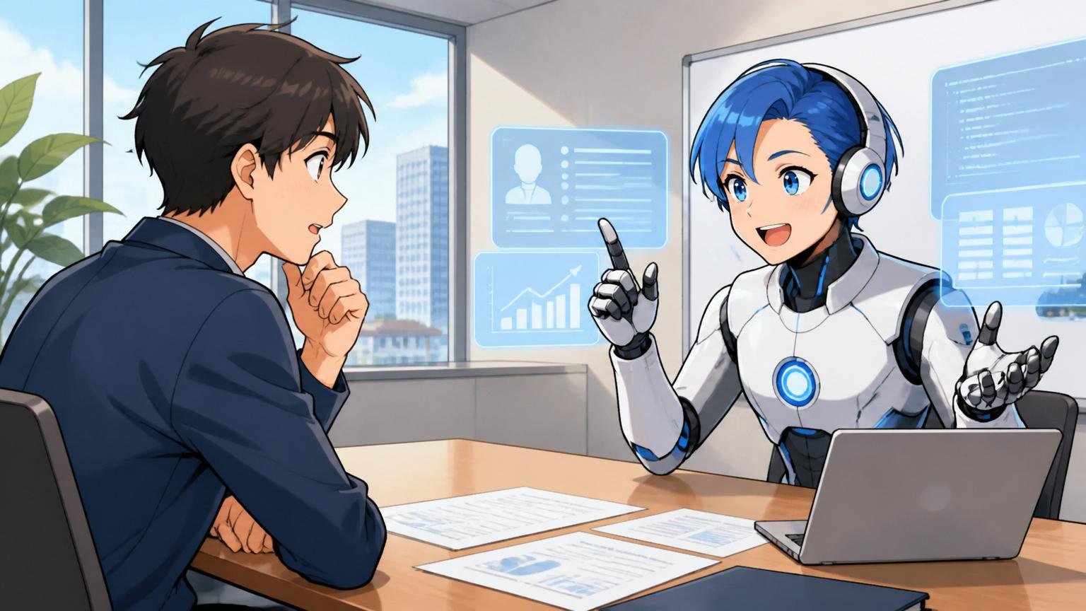 IT特化型エージェントに相談するエンジニア。企業の会議室で面接される1人がエージェントと話し合う