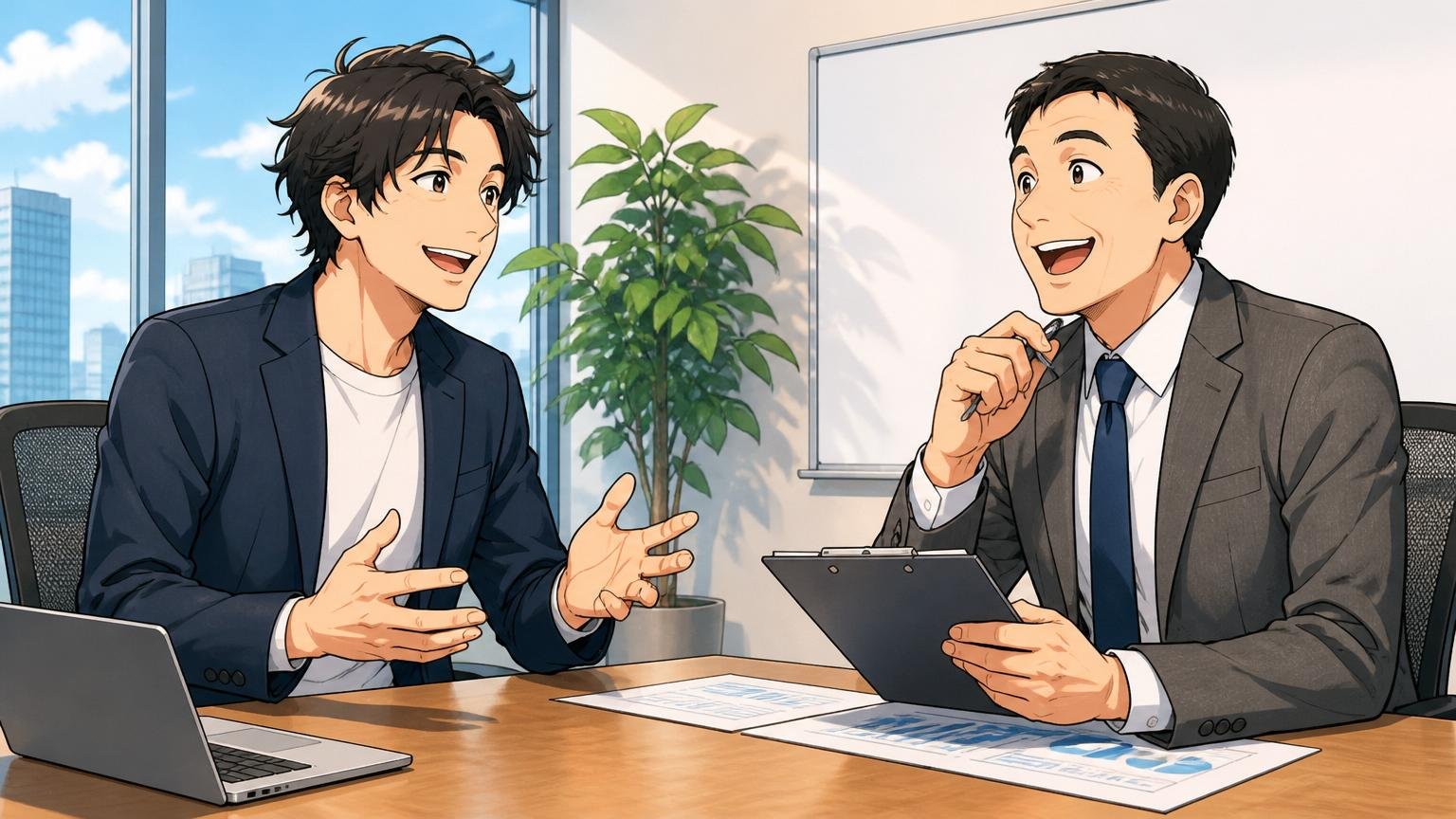 「IT経験者」というあなたの強みは想像以上に評価される。企業の会議室でカジュアル面談を受ける30代エンジニアと採用担当者が笑顔で話している2人