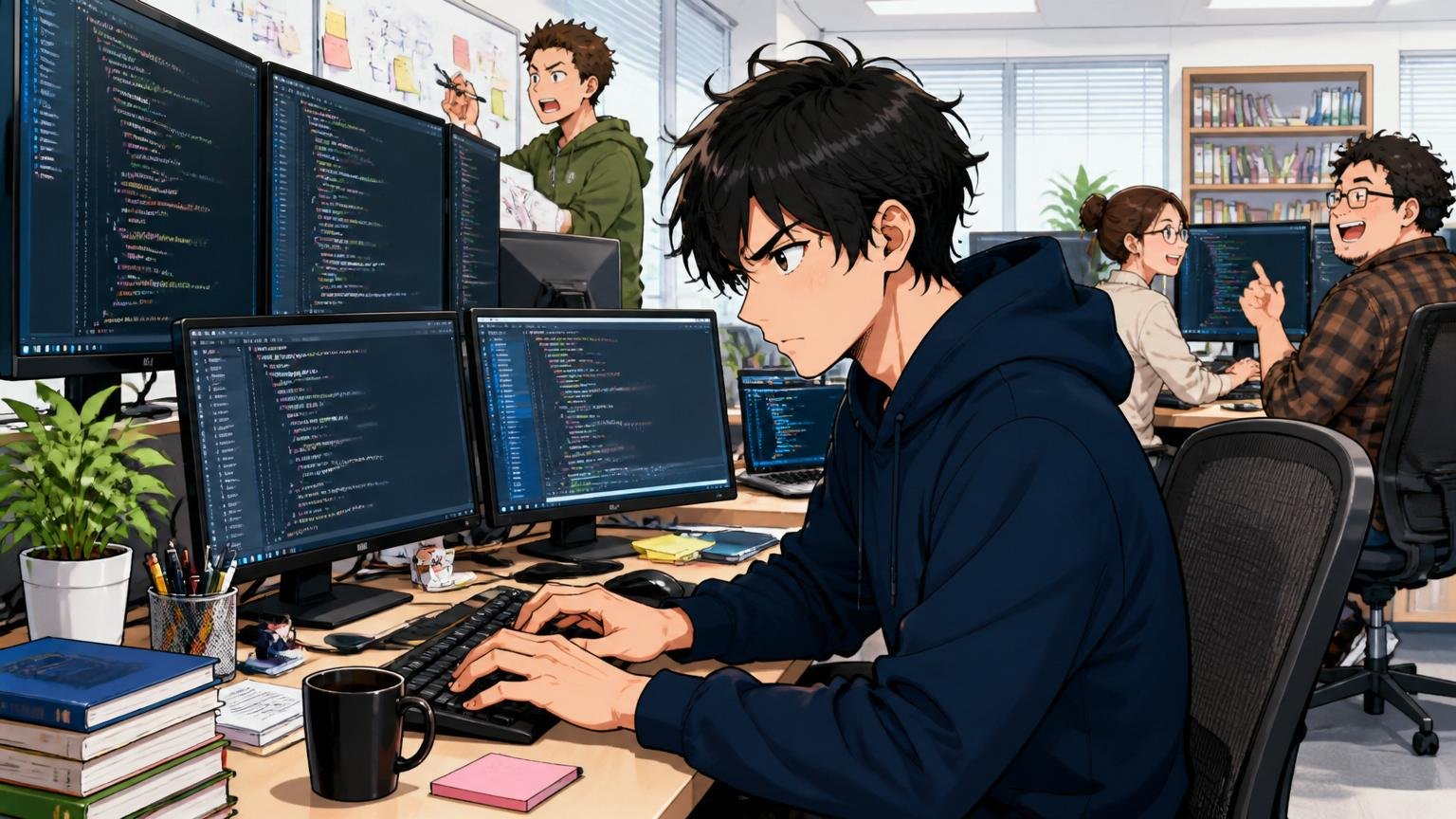 Web系スタートアップのオフィスで、20代後半男性エンジニアが複数のディスプレイでコードを書きながら集中する様子