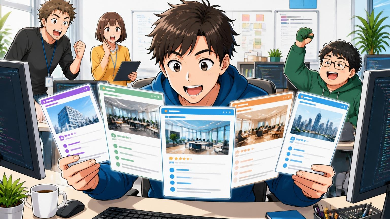 経験者の市場価値を引き出すIT特化型エージェント。明るいオフィスでエンジニアが複数の求人を比較し前向きな表情
