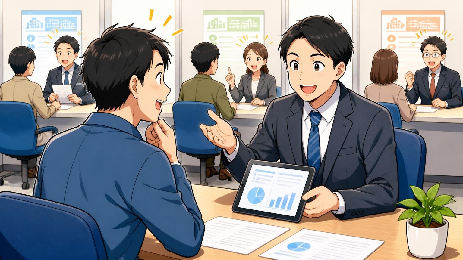 複数の窓口で市場価値を客観的に確かめる、転職エージェントと面談し市場価値を確認する求職者、2人、納得した表情