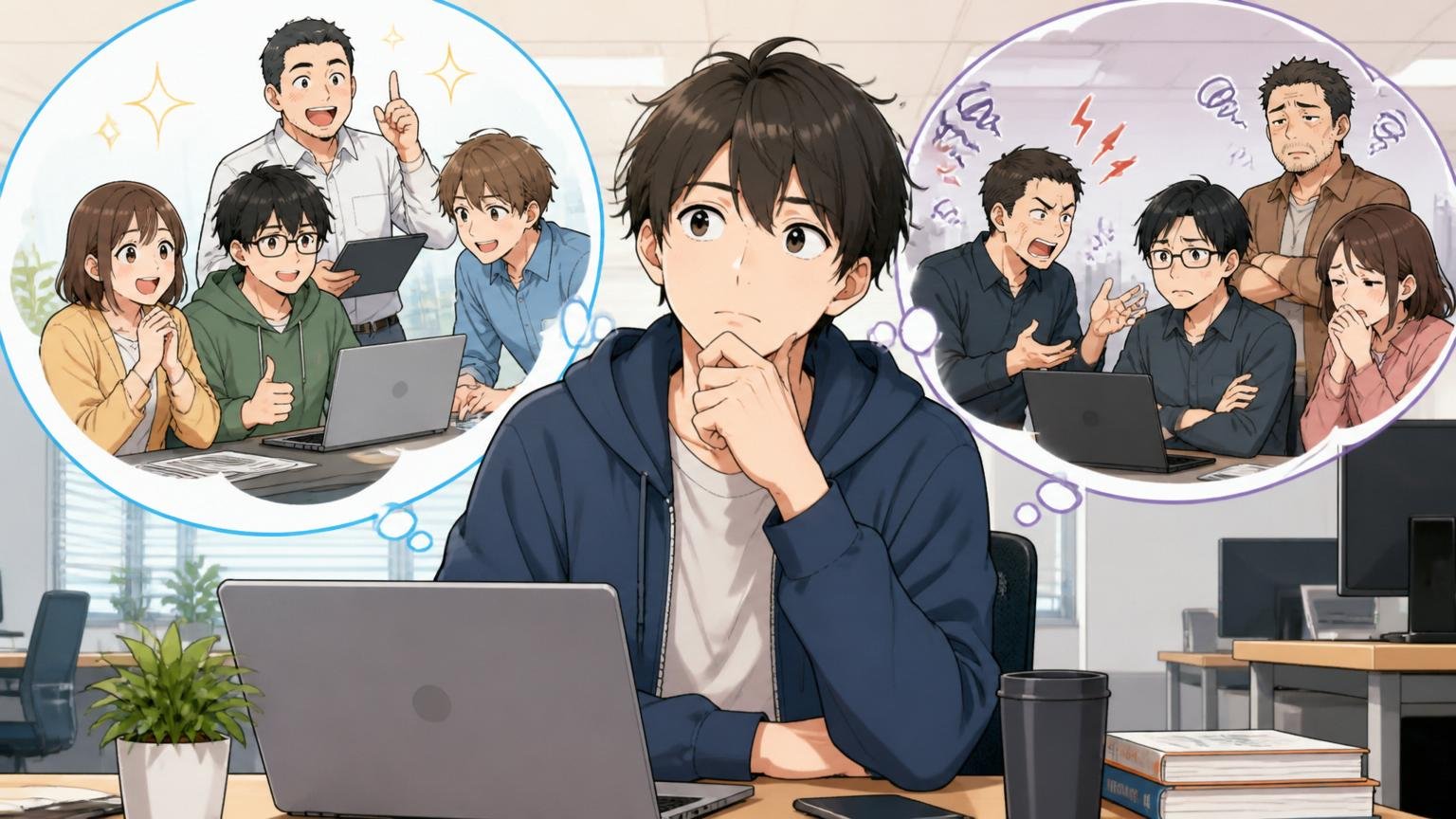 クロスキャットに向く人と向かない人を考える、企業のオフィスで自分の適性を見つめ直す20代後半エンジニア、思案する表情