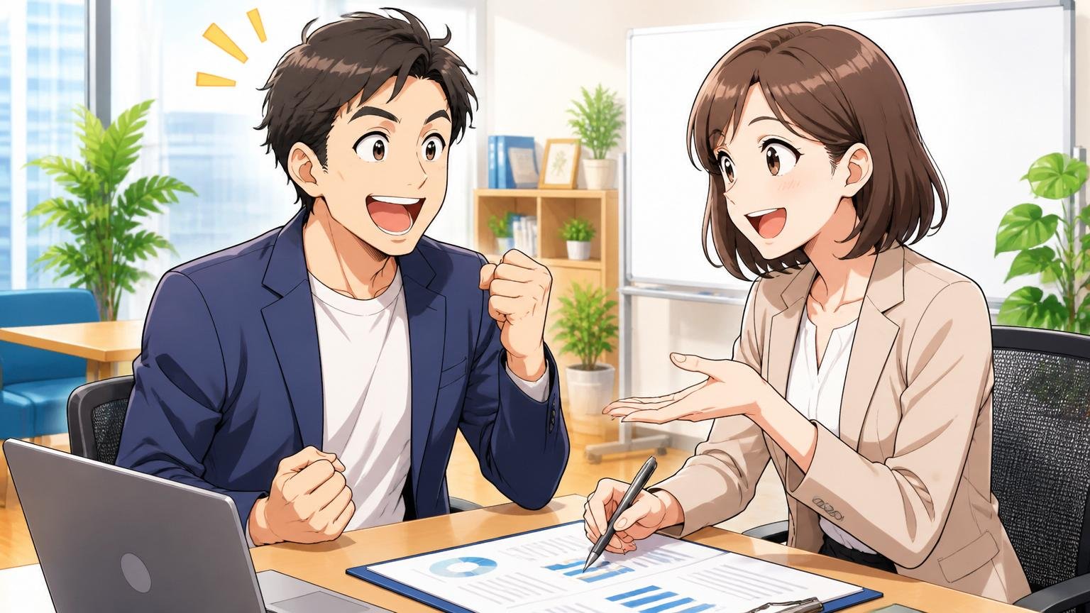 「市場価値を無料で客観評価してもらう」明るいオフィスで30代男女がキャリア相談をして笑顔になる