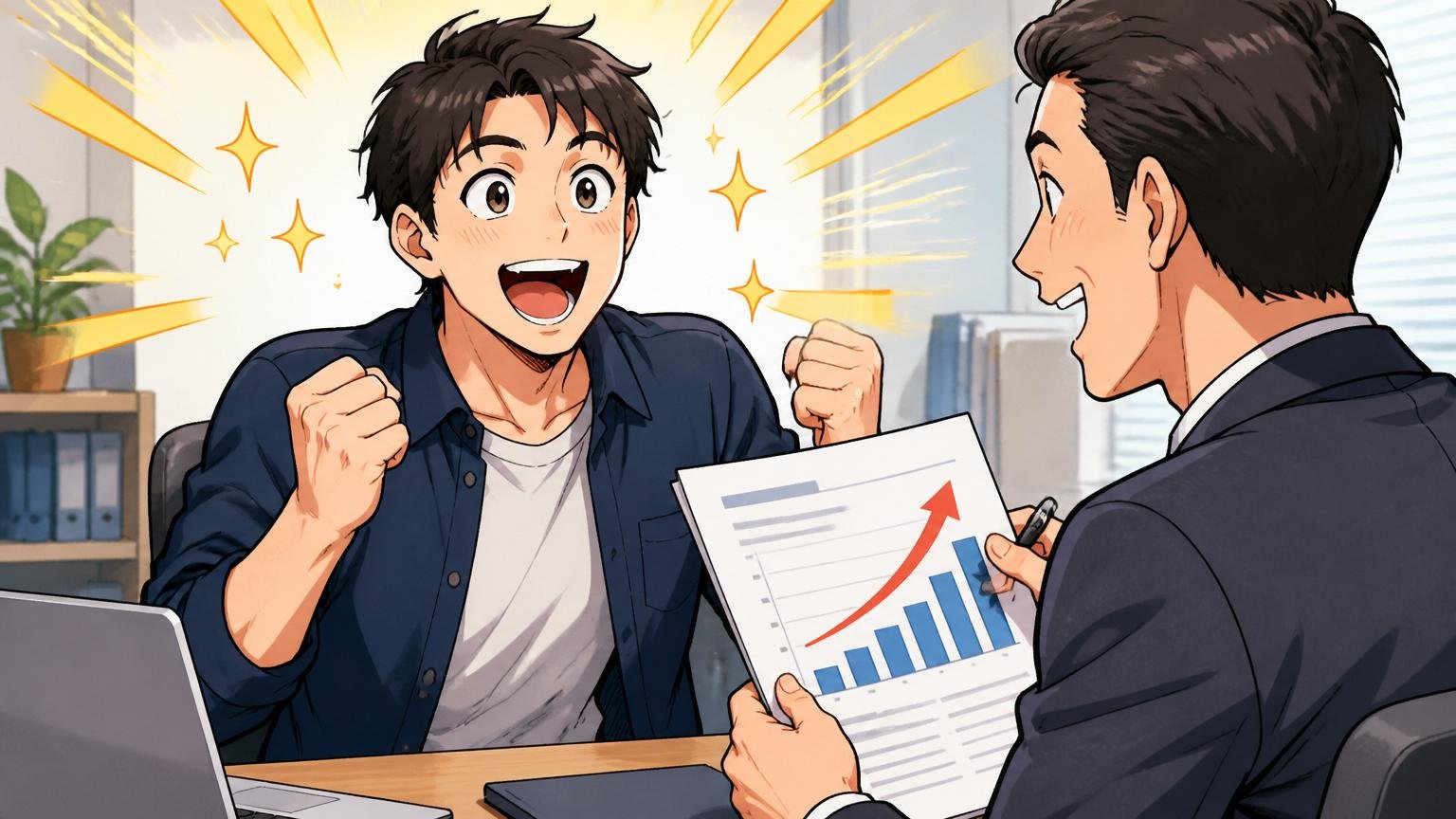 年収アップ・面接対策に強いエージェントの選び方。面談で年収アップの提案を受けて喜ぶ30代エンジニア、笑顔