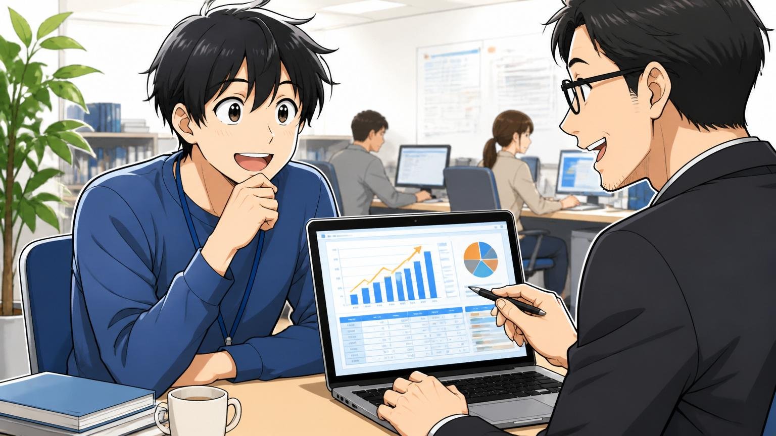 自分の市場価値を客観的に把握する。オフィスでアドバイザーと年収や市場価値を確認するエンジニア2人、安心した表情