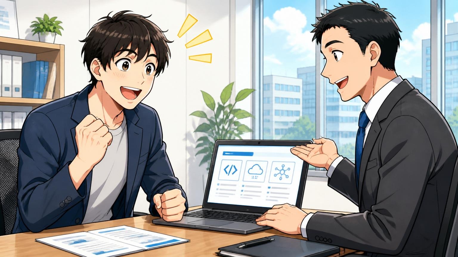 明るいオフィスでIT特化型エージェントの担当者と笑顔で面談し前向きになる30代男性エンジニア