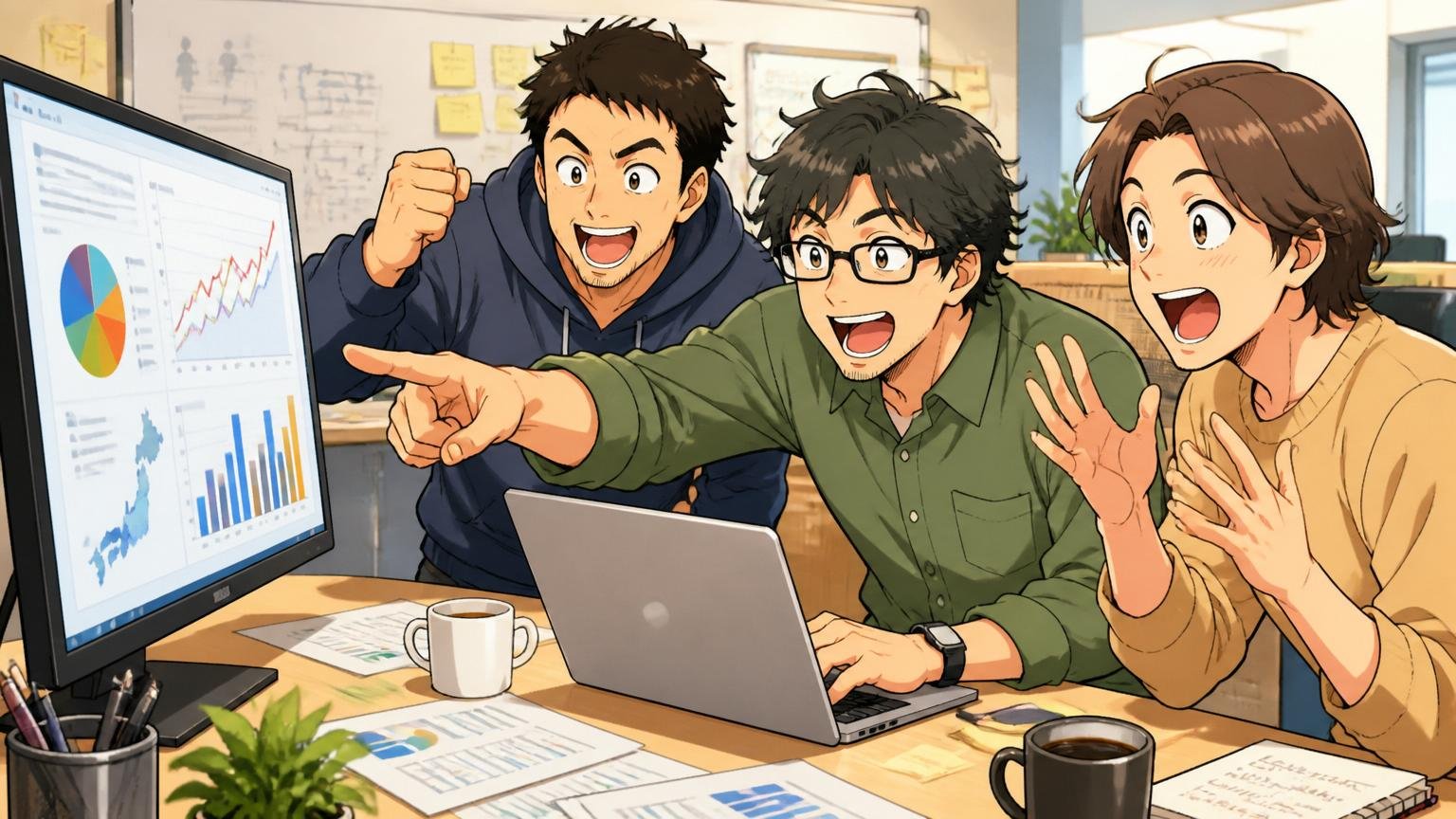 Web系スタートアップのオフィスで人材市場データを共有する中堅エンジニア3人