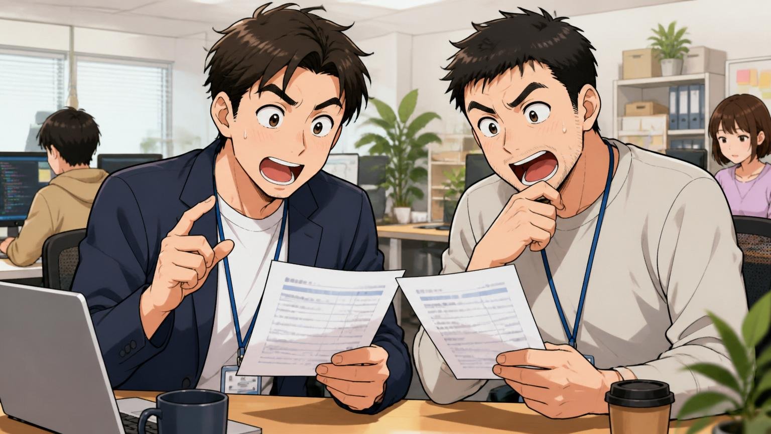 Web系スタートアップのオフィスで中堅社員2人が給与明細を見ながら年収の伸びの話をする