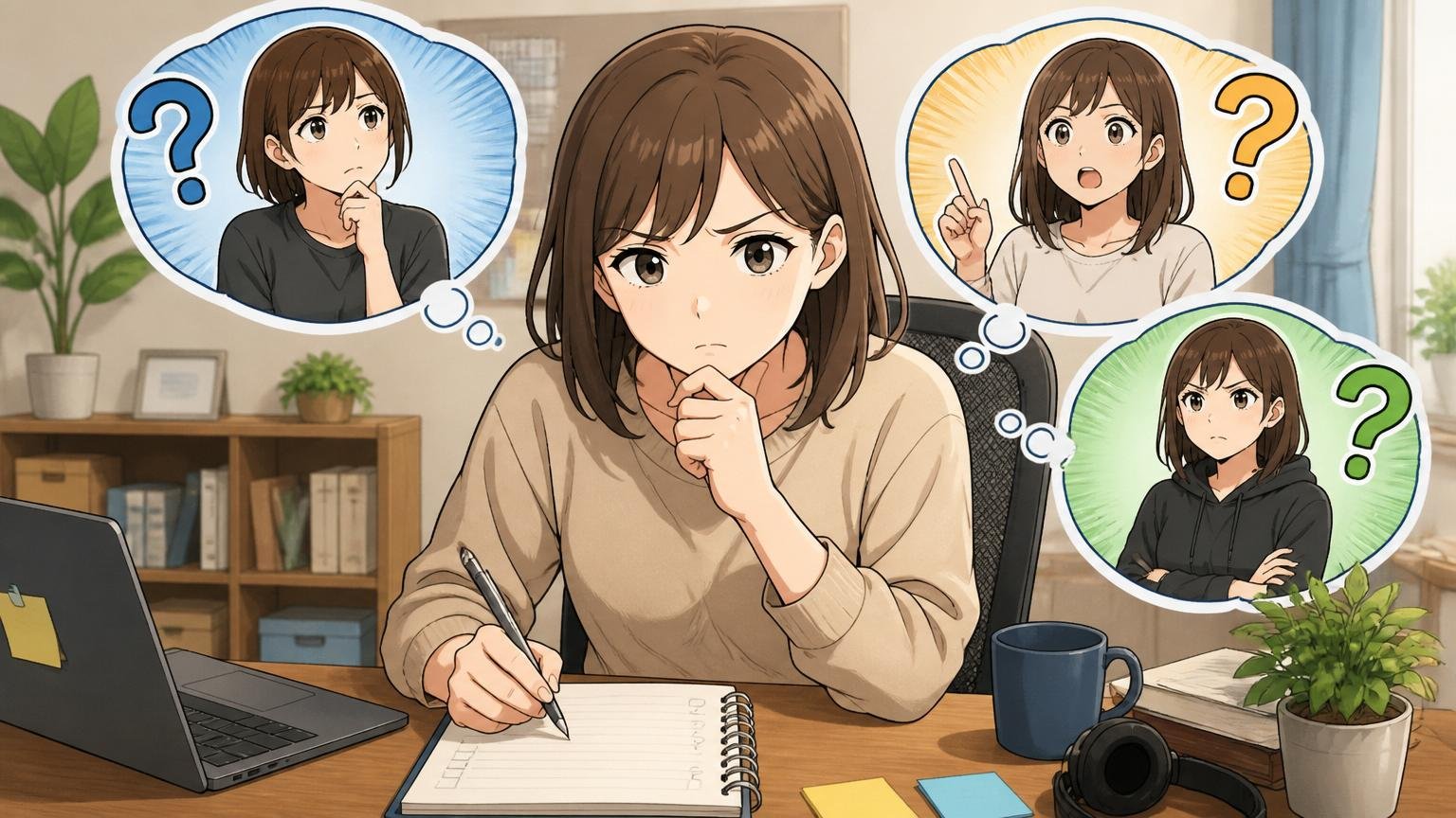 判断に迷う人がやるべきセルフチェック3問、自宅のデスクで在宅勤務する30代女性エンジニア1人、ノートに自問自答を書き出している真剣な表情
