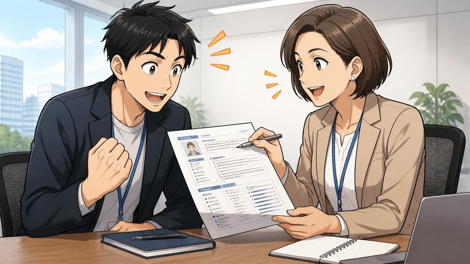 IT特化型エージェントで客観評価を受ける、企業の会議室で面談、エンジニア男性とアドバイザー女性が職務経歴書を見て対話