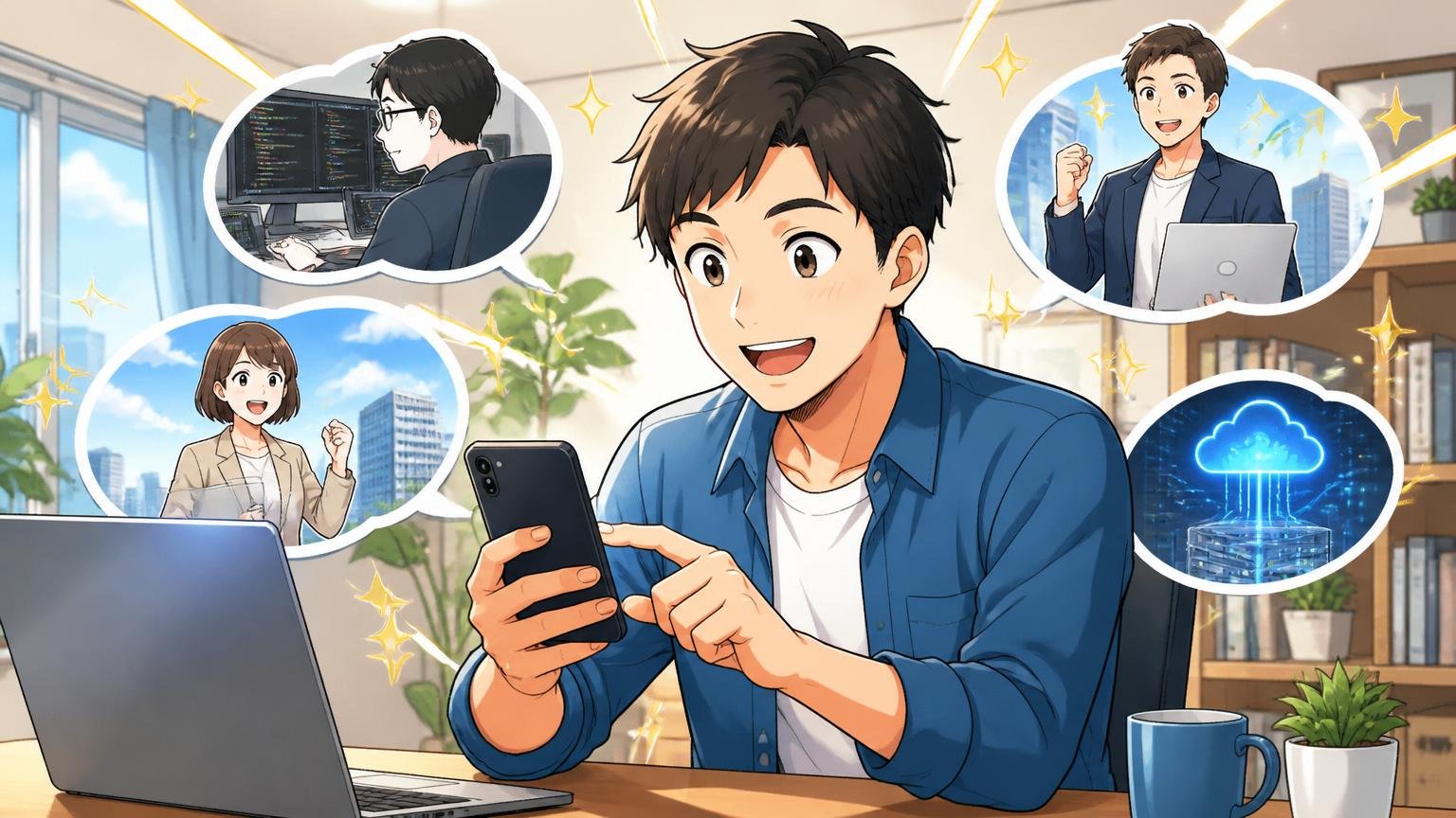 おすすめIT特化型エージェント、自宅のデスクからスマホでサービス登録する、30代男性1人、前向きな笑顔