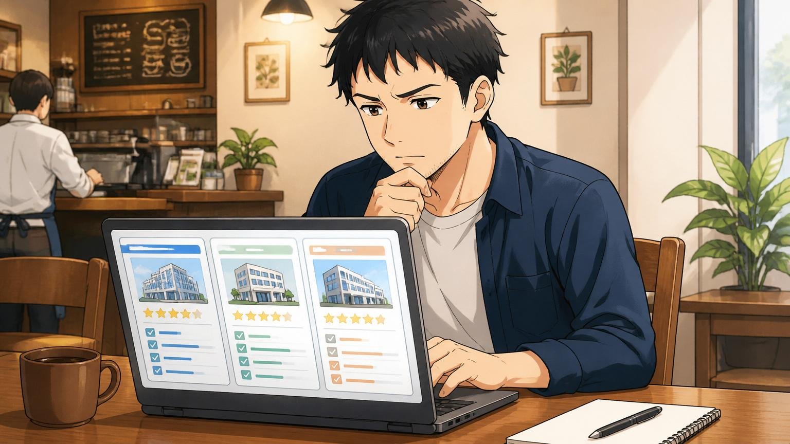 カフェでノートPCを開き複数のSIer求人を比較する30代男性エンジニア1人
