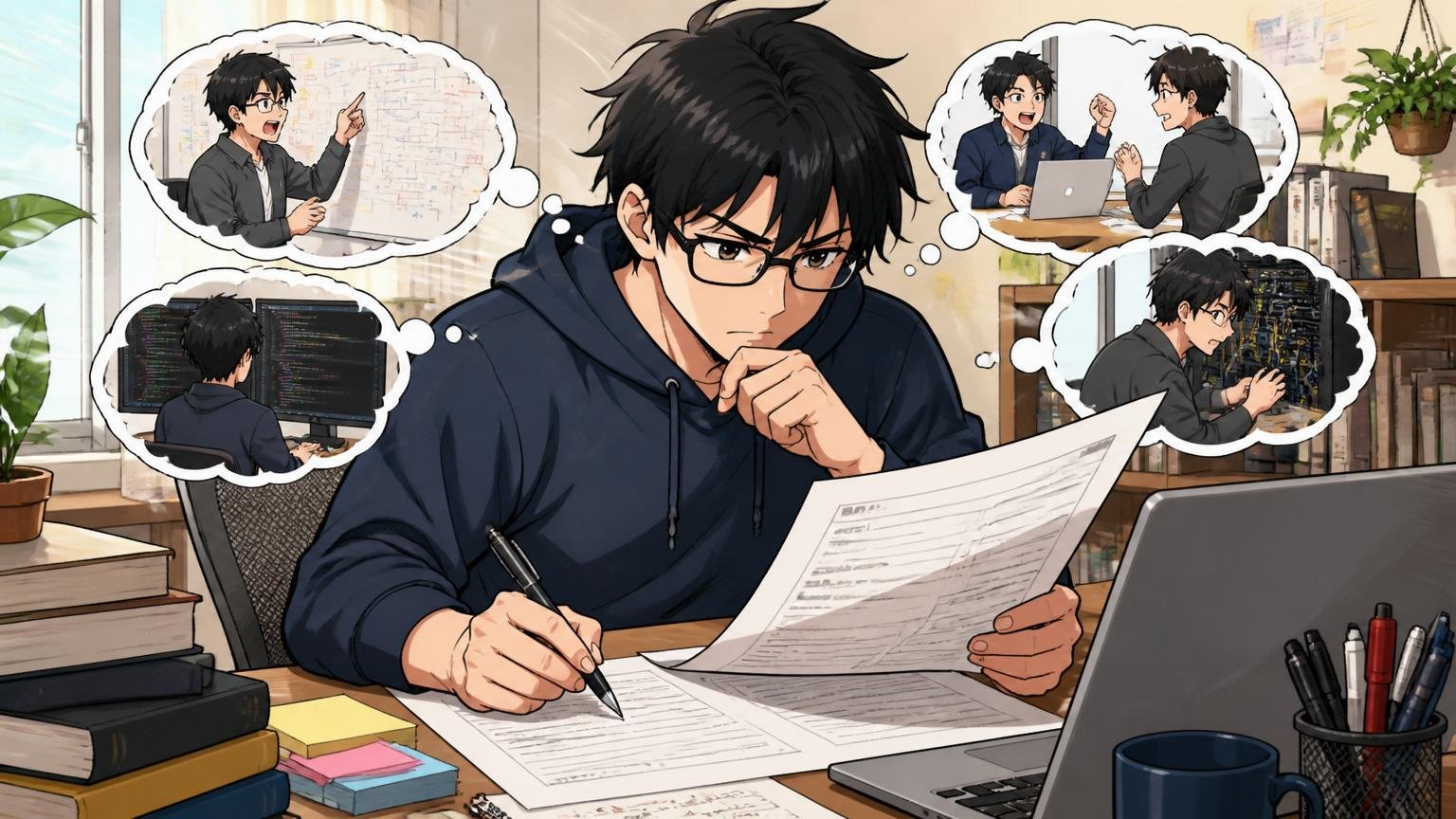 自宅のデスクで職務経歴書を書きながら経験を棚卸しする30代男性エンジニア1名、集中した表情