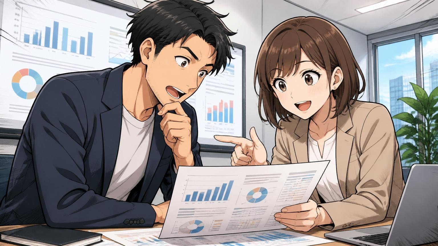 Techouseと同じ「急成長×高年収」が狙える求人を持つエージェントの選び方。企業の会議室で30代男性ITエンジニアと20代女性キャリアアドバイザーの2人が、求人比較資料を確認する表情