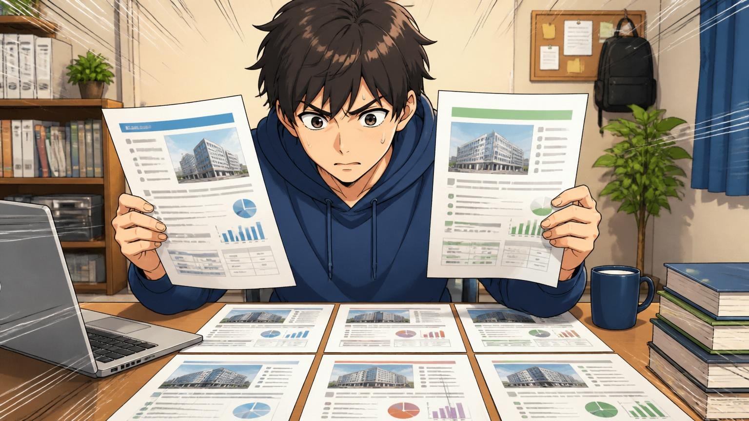 判断に迷ったら軸と比較対象を持つ 自宅のデスクで複数の企業情報をプリントアウトして比較するエンジニア
