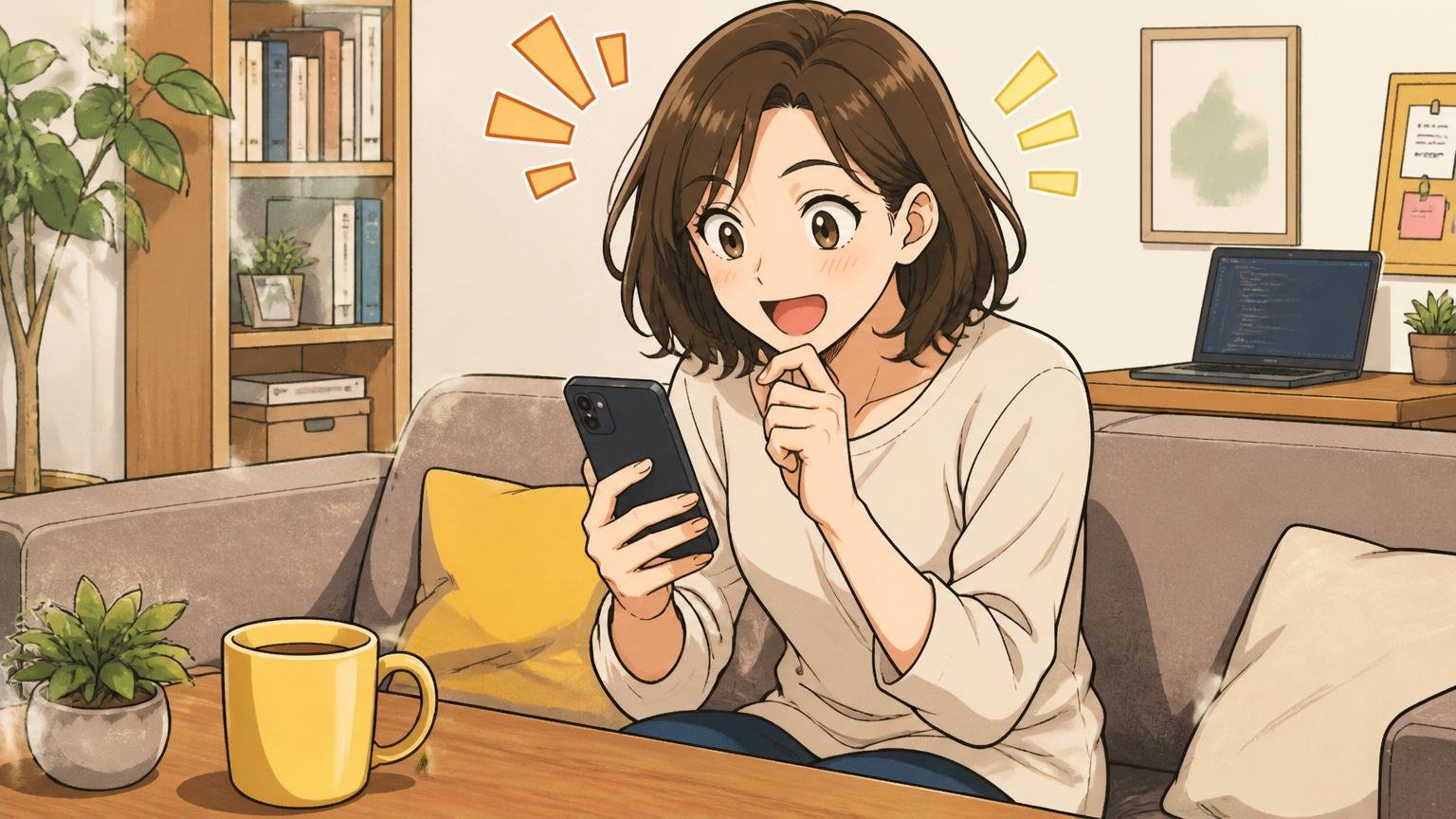 自宅のソファでマグカップを置いてスマホで転職エージェントの公式サイトを軽い気持ちで開く30代女性エンジニア