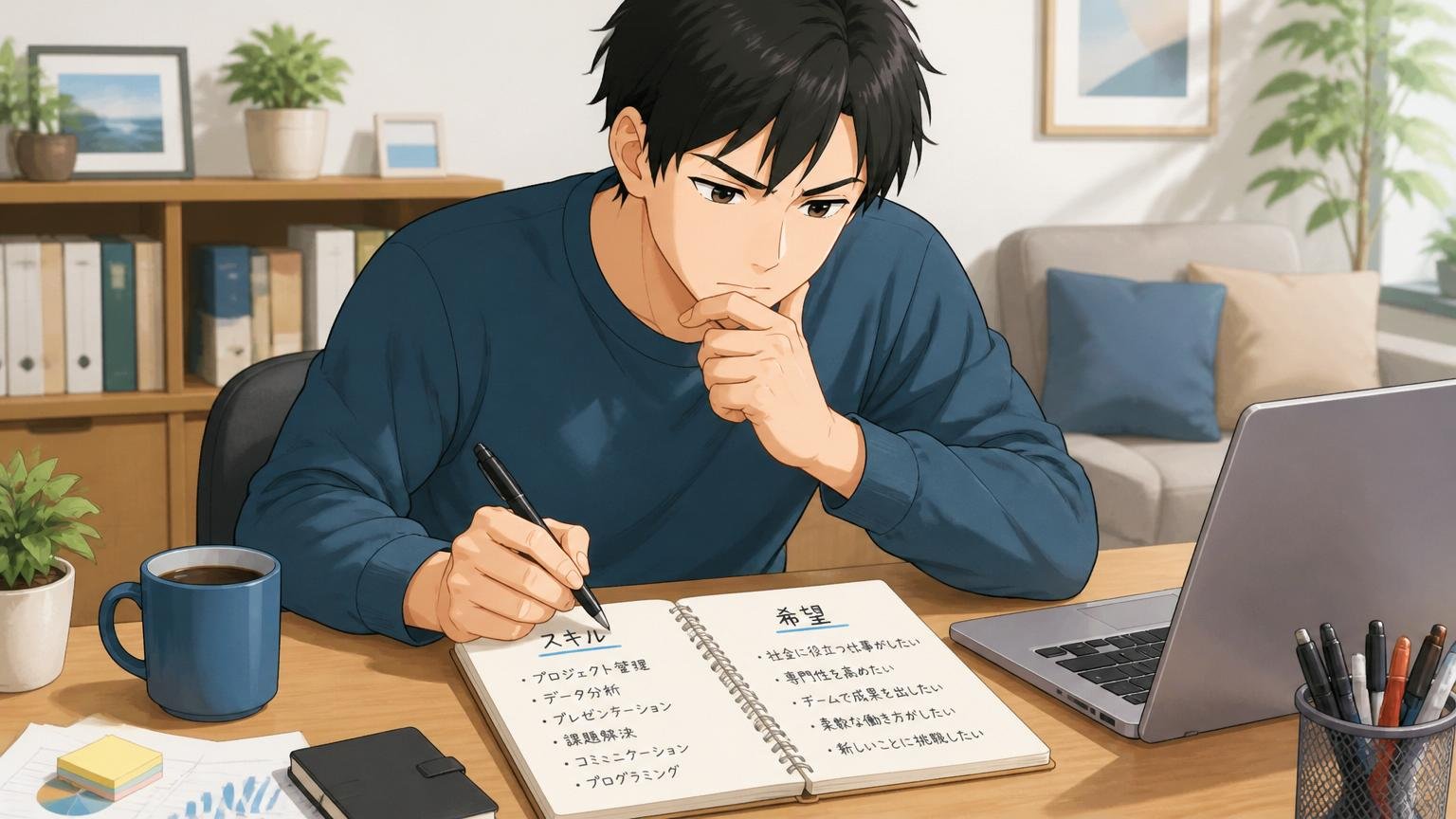 自分のキャリア軸を一度棚卸ししようのシーンで、自宅のデスクで在宅勤務中の30代男性がノートに自分のスキルと希望を書き出しながら深く考えている