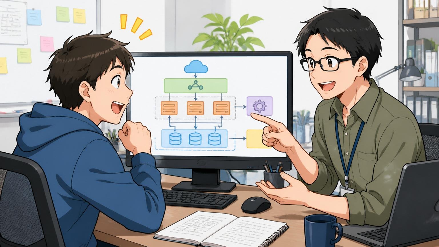 業態構造の図解を見て納得する若手エンジニアとそれを解説する先輩のオフィスシーン