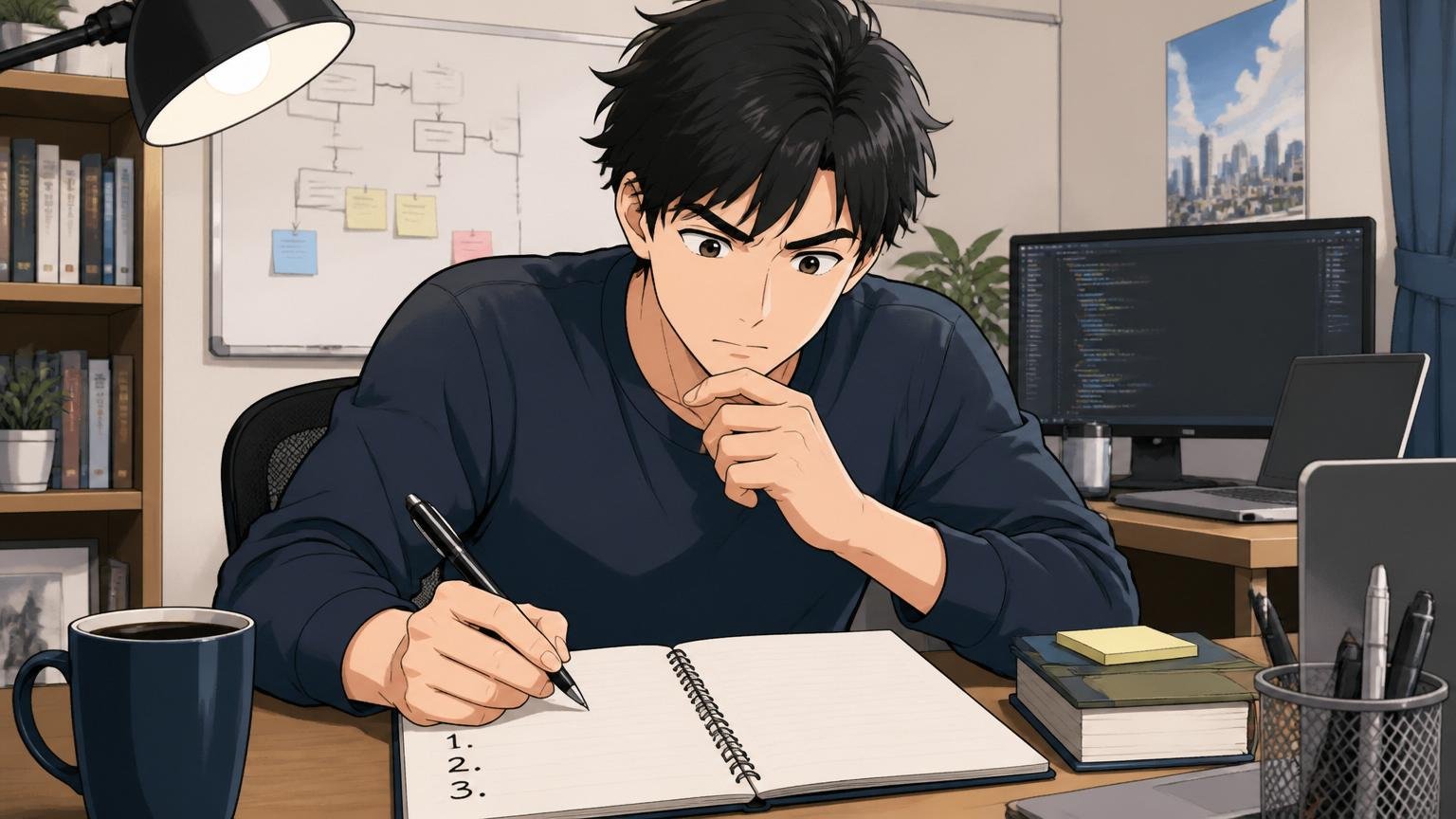 自宅のデスクでノートに3つの問いを書き出し答えを考える20代後半男性エンジニア