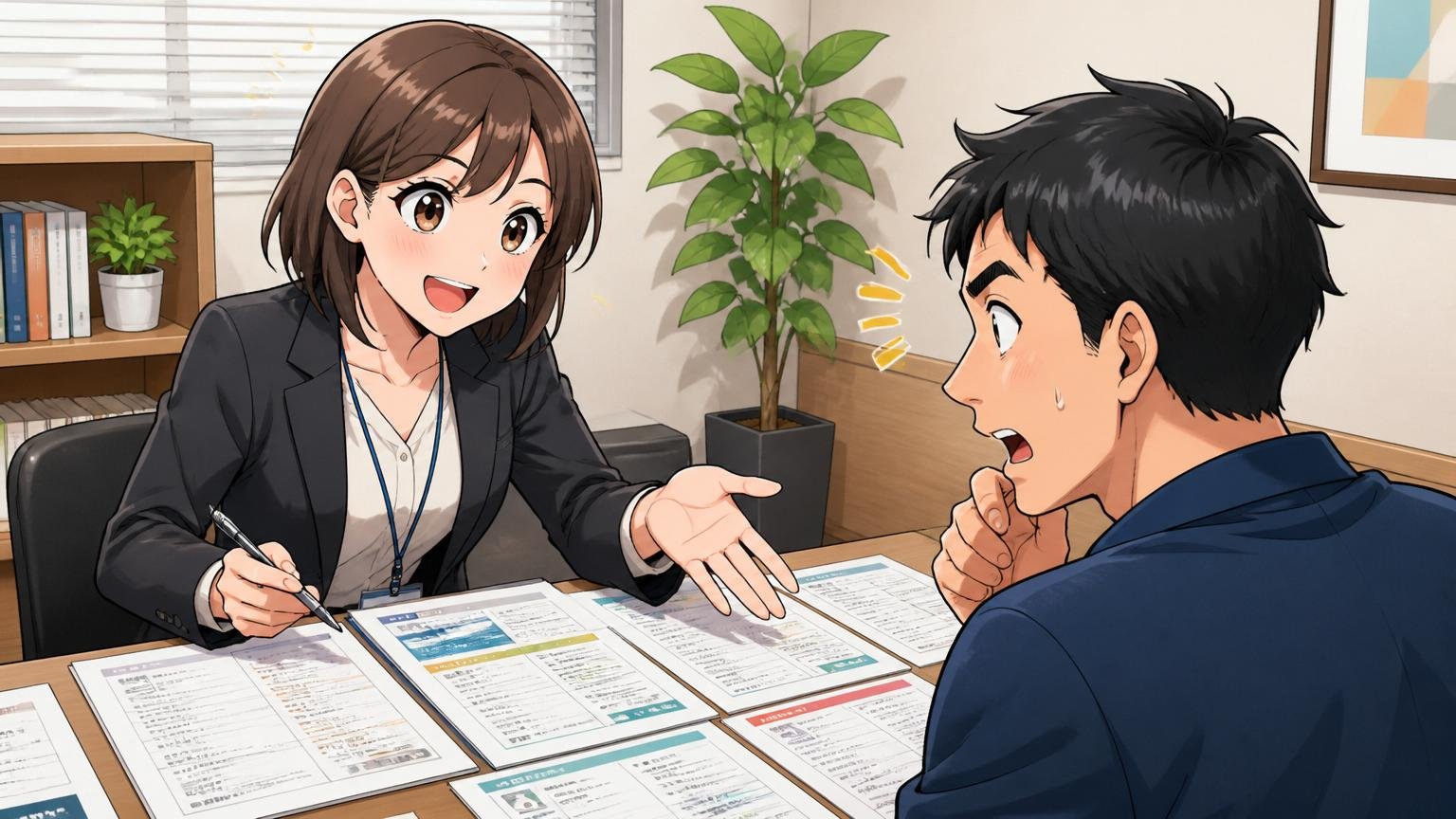 ITに強い転職エージェントの面談ブースで複数の求人票を広げて説明する20代女性キャリアアドバイザー1人と30代男性求職者1人